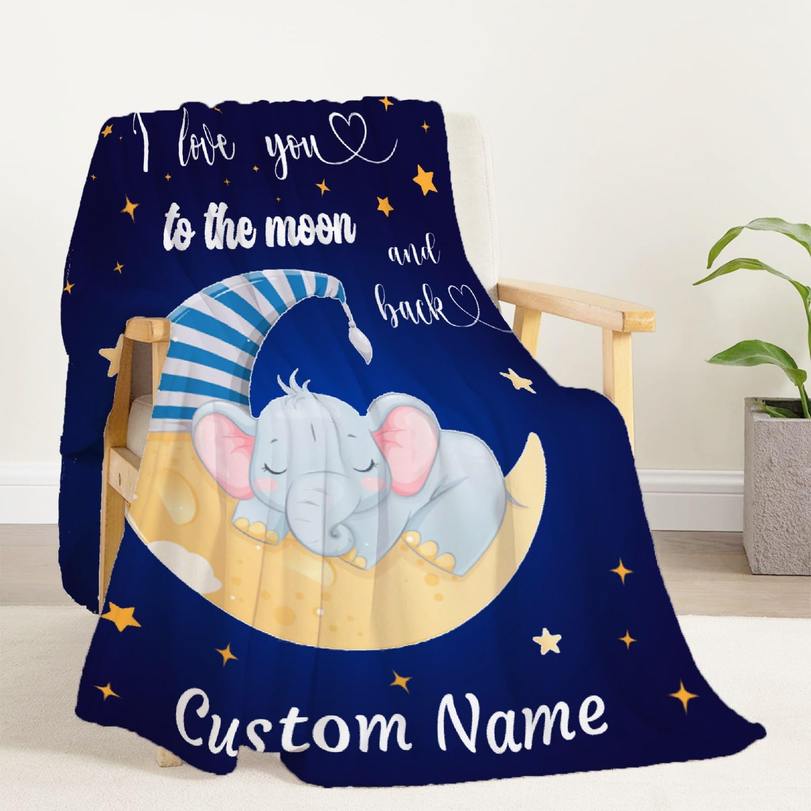 Personalized Baby Blankets for Boys & Girls - Custom Name Embroidered Fleece Blanket with Moon & Star Elephant Design - Soft Cozy Newborn Throw Blanket for Crib, Stroller & Nursery - Perfect Baby Shower Gift