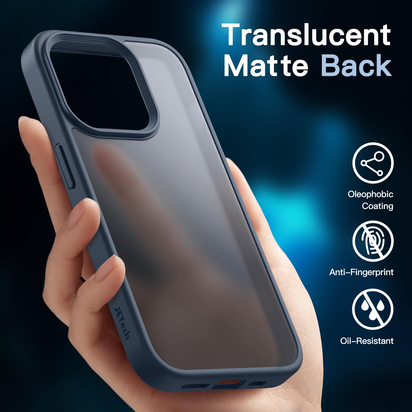 JETech 5-in-1 Matte Shockproof Case for iPhone 15 Pro (6.1-Inch) with 2-Pack Tempered Glass Screen Protector & Camera Lens Protector - Translucent Back Storm Blue Cover | Perfect for Daily Use, Travel & Outdoor Activities