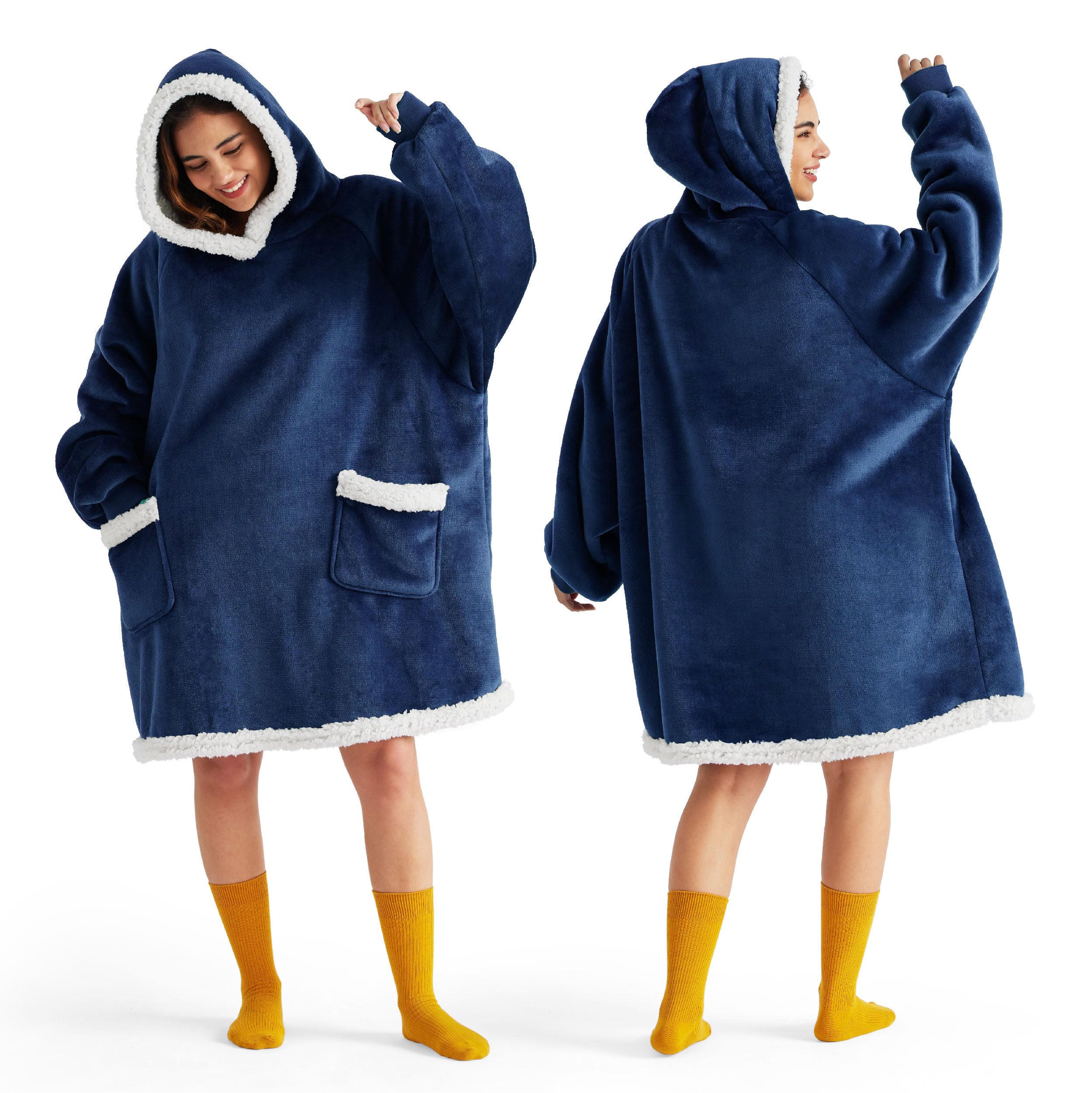 Bedsure Wearable Blanket Hoodie for Adults & Kids - Soft Fleece Sherpa Hooded Blanket, Perfect Birthday Gift for Women, Men, Mom - Navy Blue (Standard Size) - Cozy for Movie Nights, Camping & Winter Relaxation