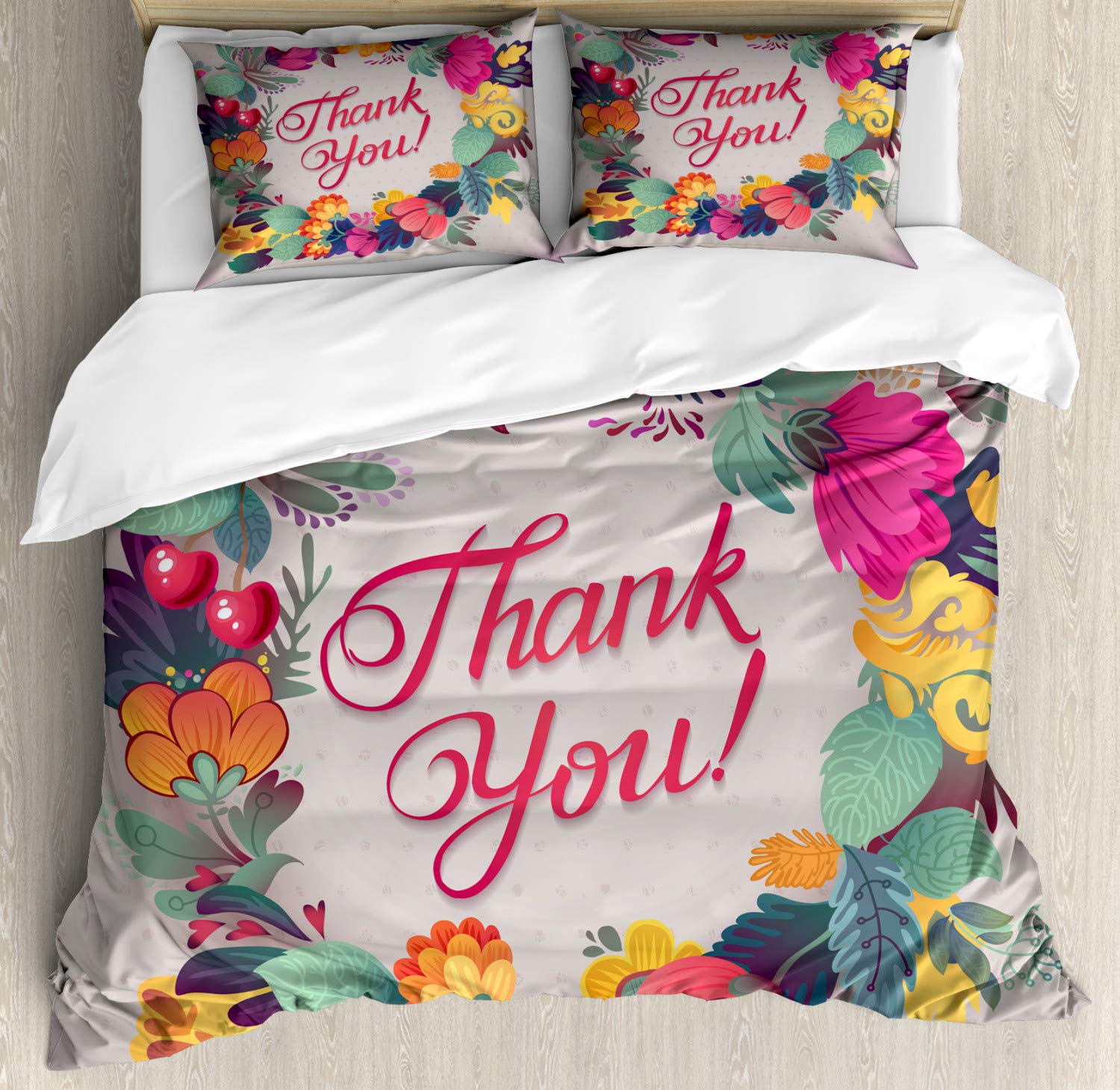 Ambesonne Floral Duvet Cover Set - Retro Cherry Blossom & Leaf Print 3-Piece Bedding with 2 Pillow Shams | California King Size Multicolor Bohemian Style | Perfect for Master Bedroom, Guest Room & Boho Chic Home Decor