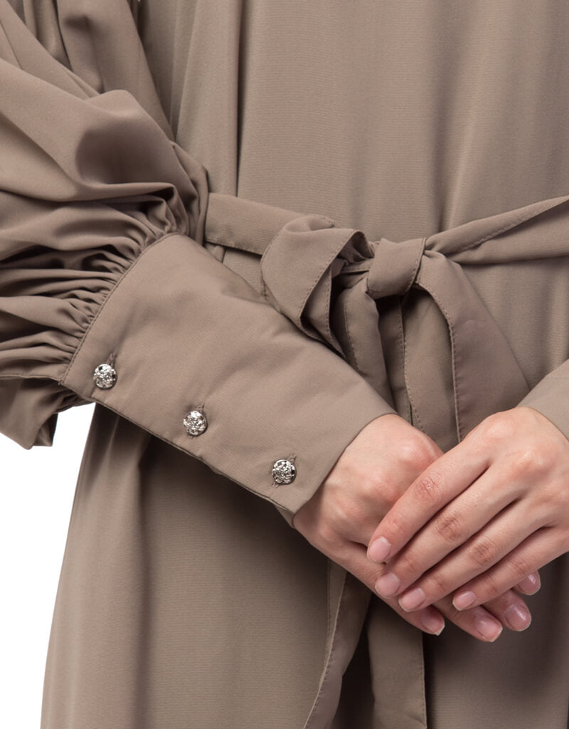 Elegant Arabic Long Cuff Full Balloon Sleeve Belted A-Line Abaya Dress in Khaki - Perfect for Modest Fashion, Islamic Prayer & Special Occasions