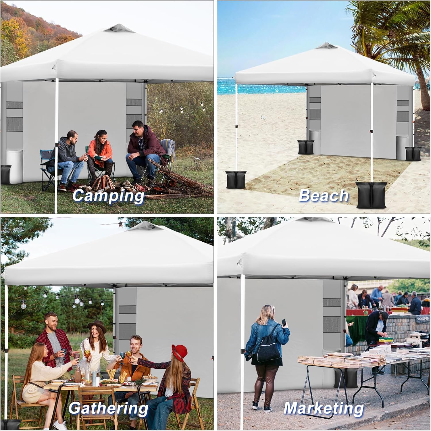 WEIZE 10x10 Pop Up Canopy Tent - Instant One-Button Setup Gazebo with Adjustable Height, 1 Sidewall & 6 Storage Pockets | Includes 4 Weight Bags | Portable Sun Shelter for Outdoor Events, Beach Parties, Camping, Backyard BBQs & Farmers Markets (White)