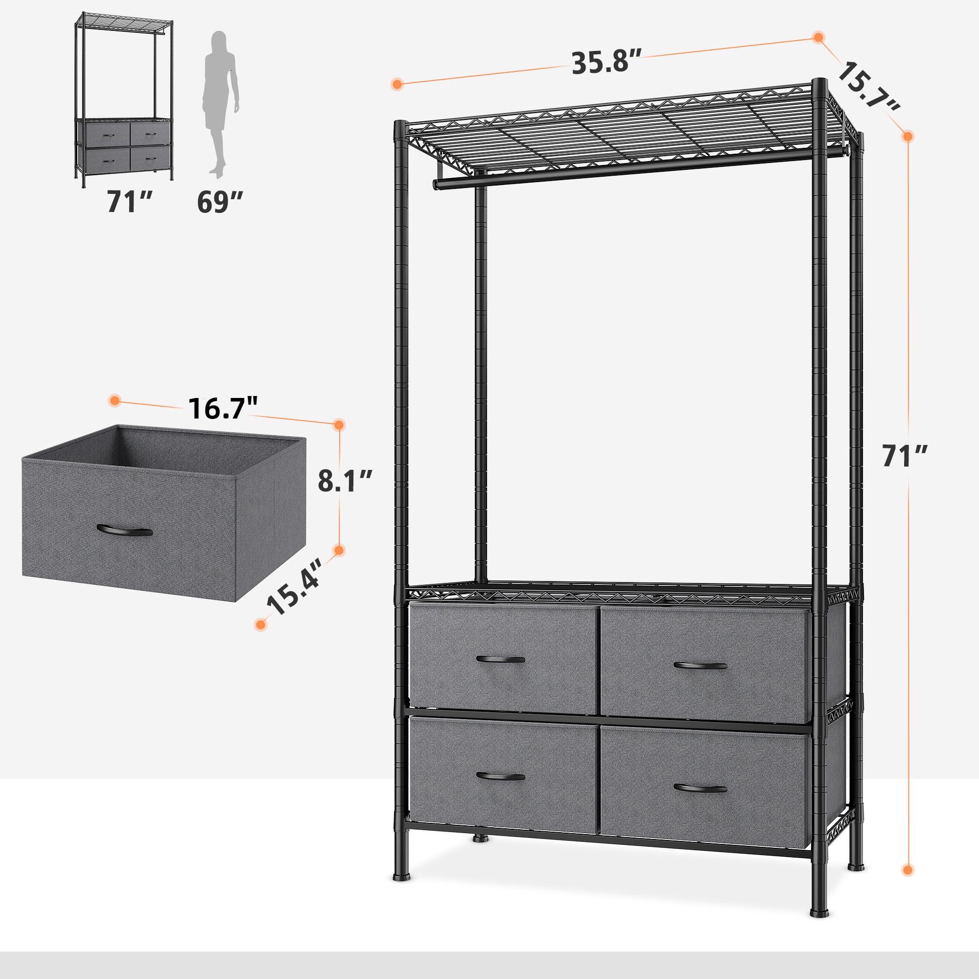 Raybee Heavy Duty Clothes Rack with 4 Drawers & Shelves - Sturdy Portable Closet Organizer for Hanging Clothes - Durable Black Garment Rack for Bedroom, Closet, Laundry Room or Dorm Organization