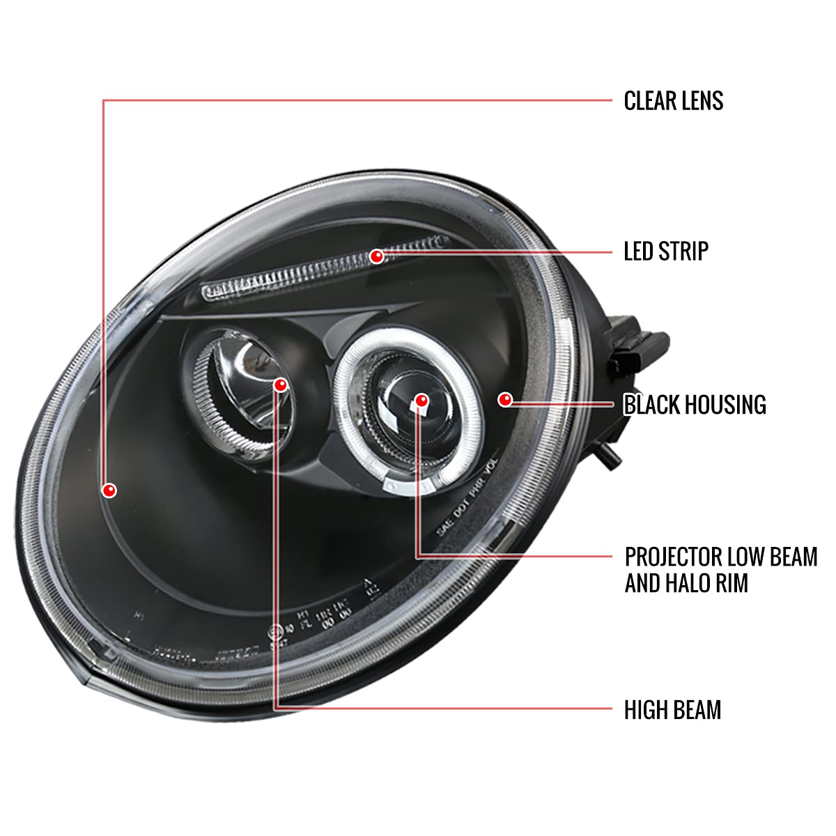 VW Beetle 98-05 Halo Projector LED Headlights - Black Pair for Enhanced Night Driving & Style Upgrade