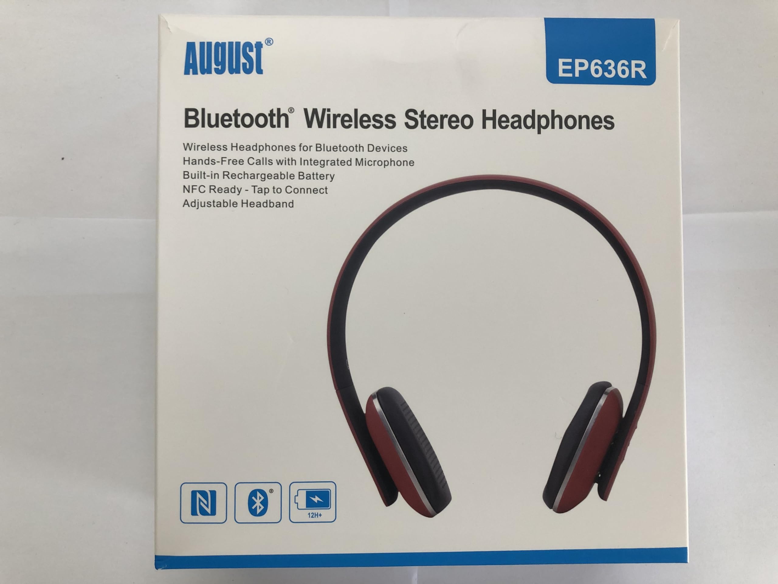 August EP636 Wireless Bluetooth Headphones with NFC & Built-in Mic - On-Ear Comfort for Music, Calls & Gaming - Red (Perfect for Commuting, Workouts & Office Use)