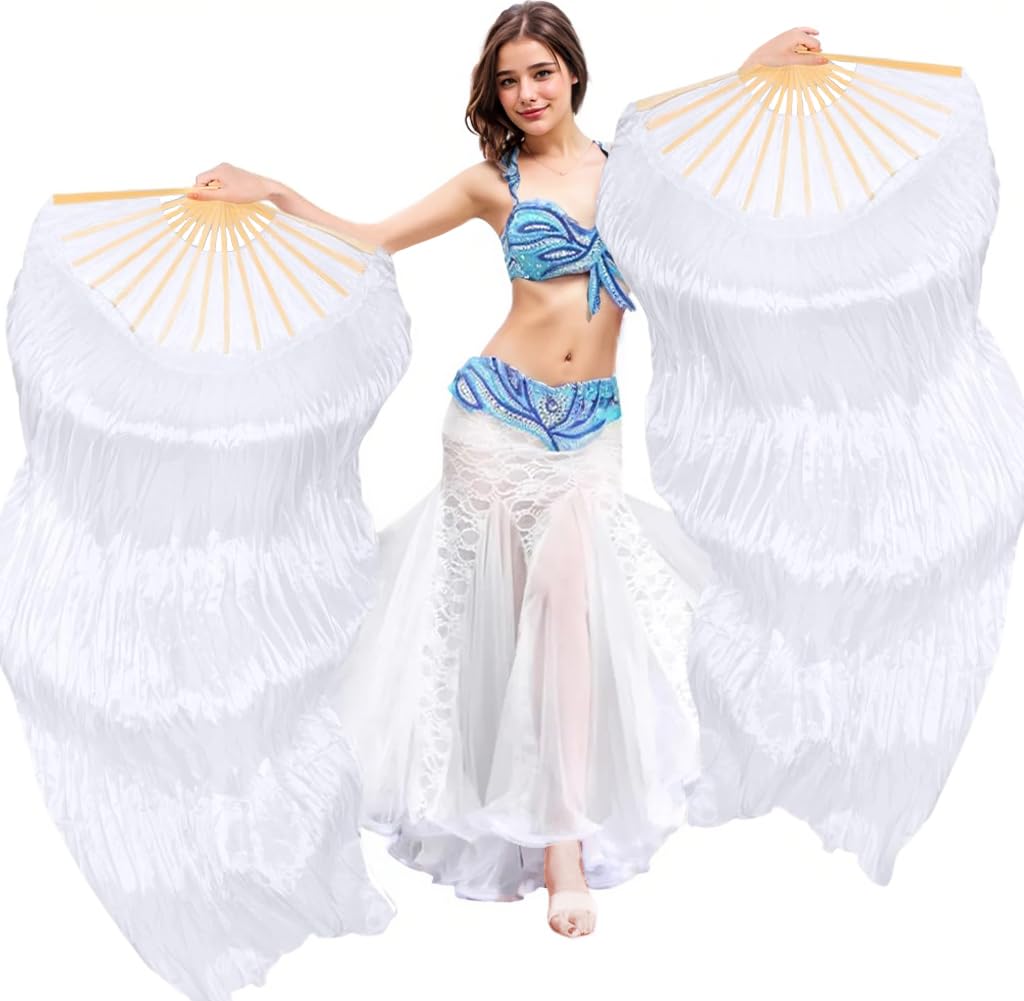 Handmade Silk Belly Dance Fan Veils - Long Bamboo Fans for Women | Professional Dance Performance