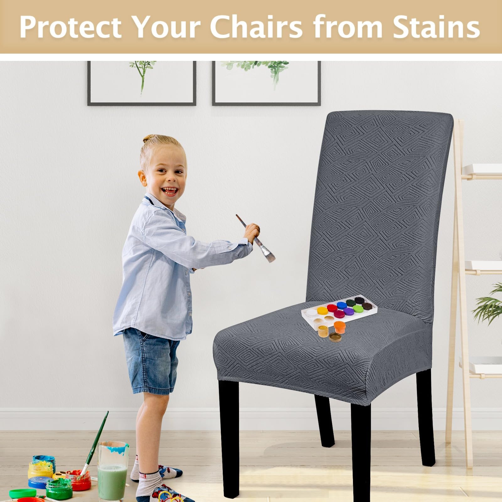 Stretchable Jacquard Dining Room Chair Covers Set of 6 - Washable Parsons Chair Slipcovers, Removable Kitchen Chair Protectors for Home, Hotel & Wedding Ceremony (Grey) - Perfect for Dining Room Decor, Restaurant Seating & Event Furniture Protection