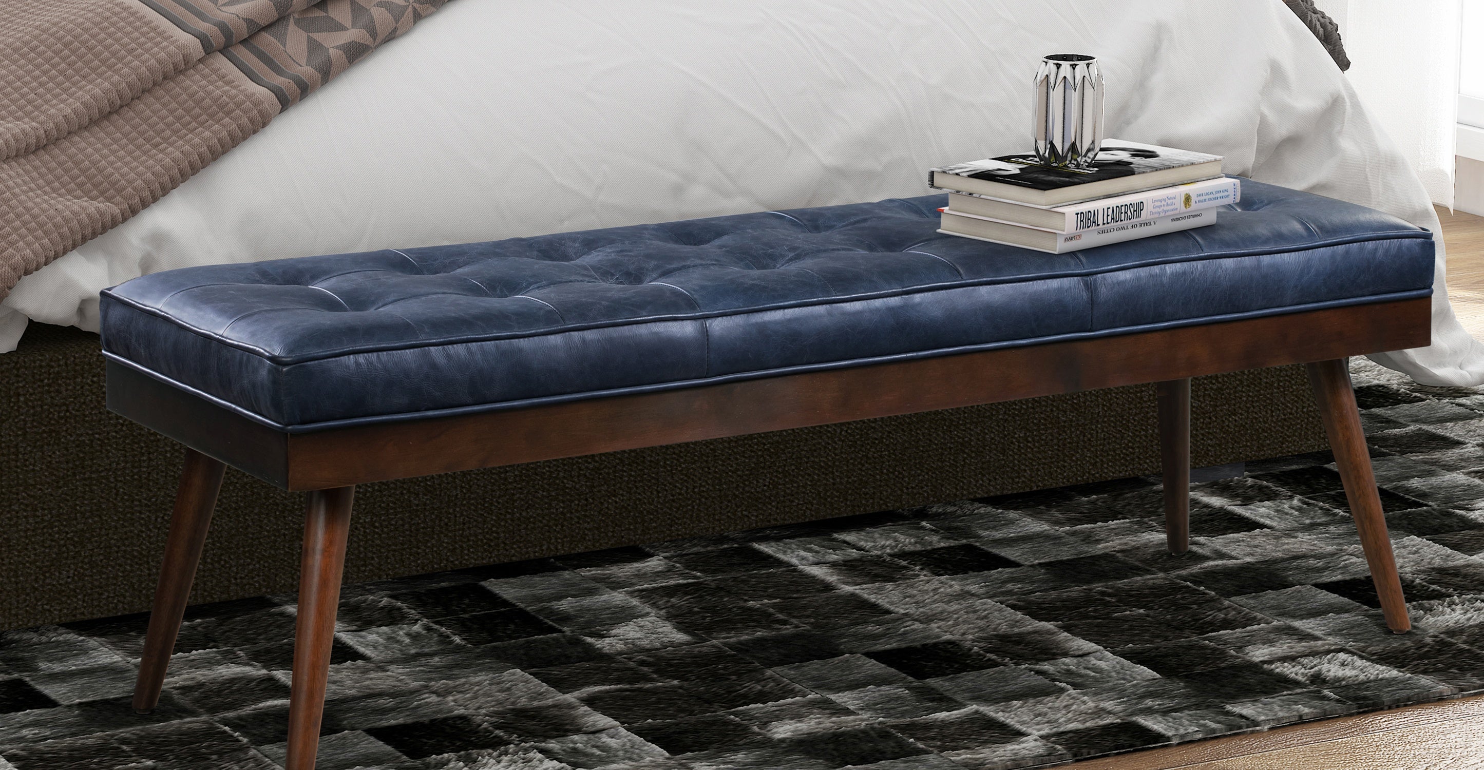 Luca Leather Bench - Modern Upholstered Storage Ottoman with Tufted Design for Living Room, Bedroom, or Entryway - Durable Faux Leather Seat with Sturdy Wooden Legs - Perfect for Extra Seating, Footrest, or Stylish Home Decor
