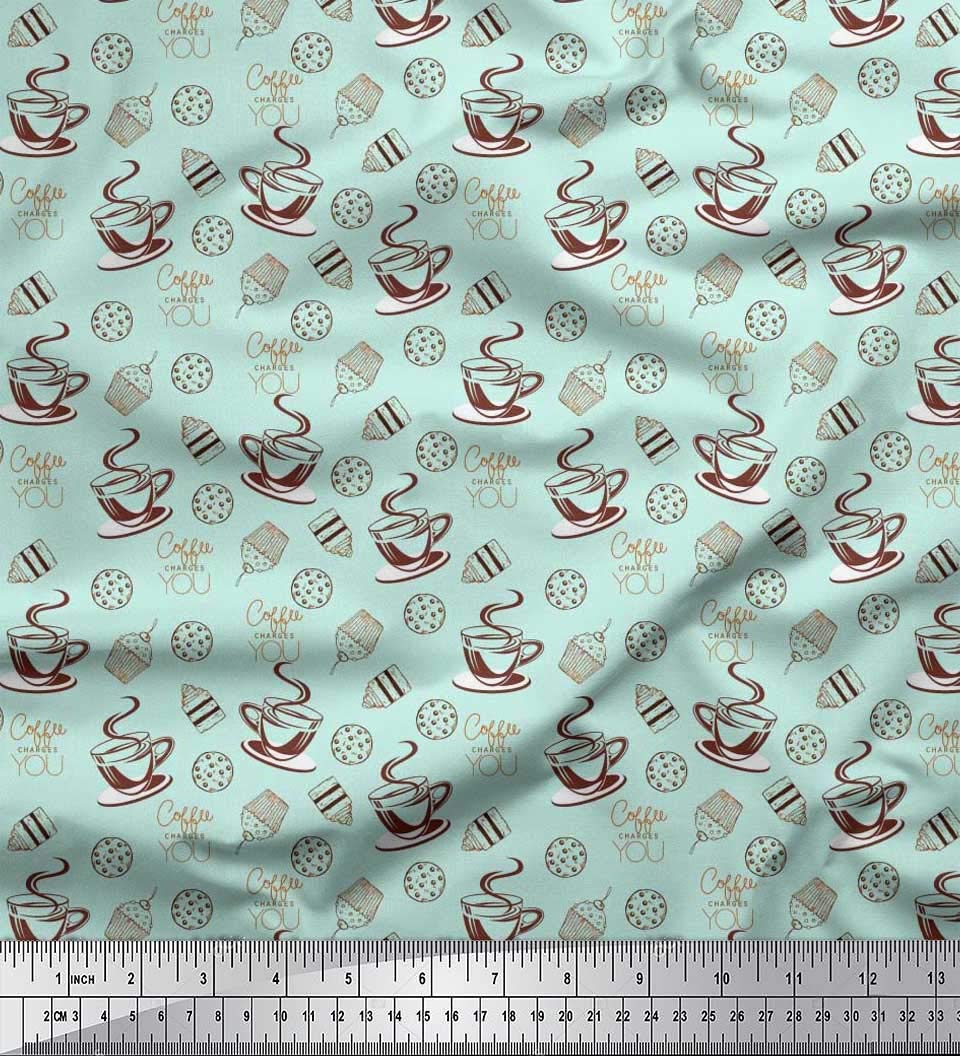 Soimoi Poly Georgette Green Fabric by The Yard - 42 Inch Wide - Coffee, Cookies & Cupcake Print Textile - Sweet Floral Pattern Fabric for Dresses, Curtains & DIY Crafts - Soft & Lightweight Material for Fashion & Home Decor