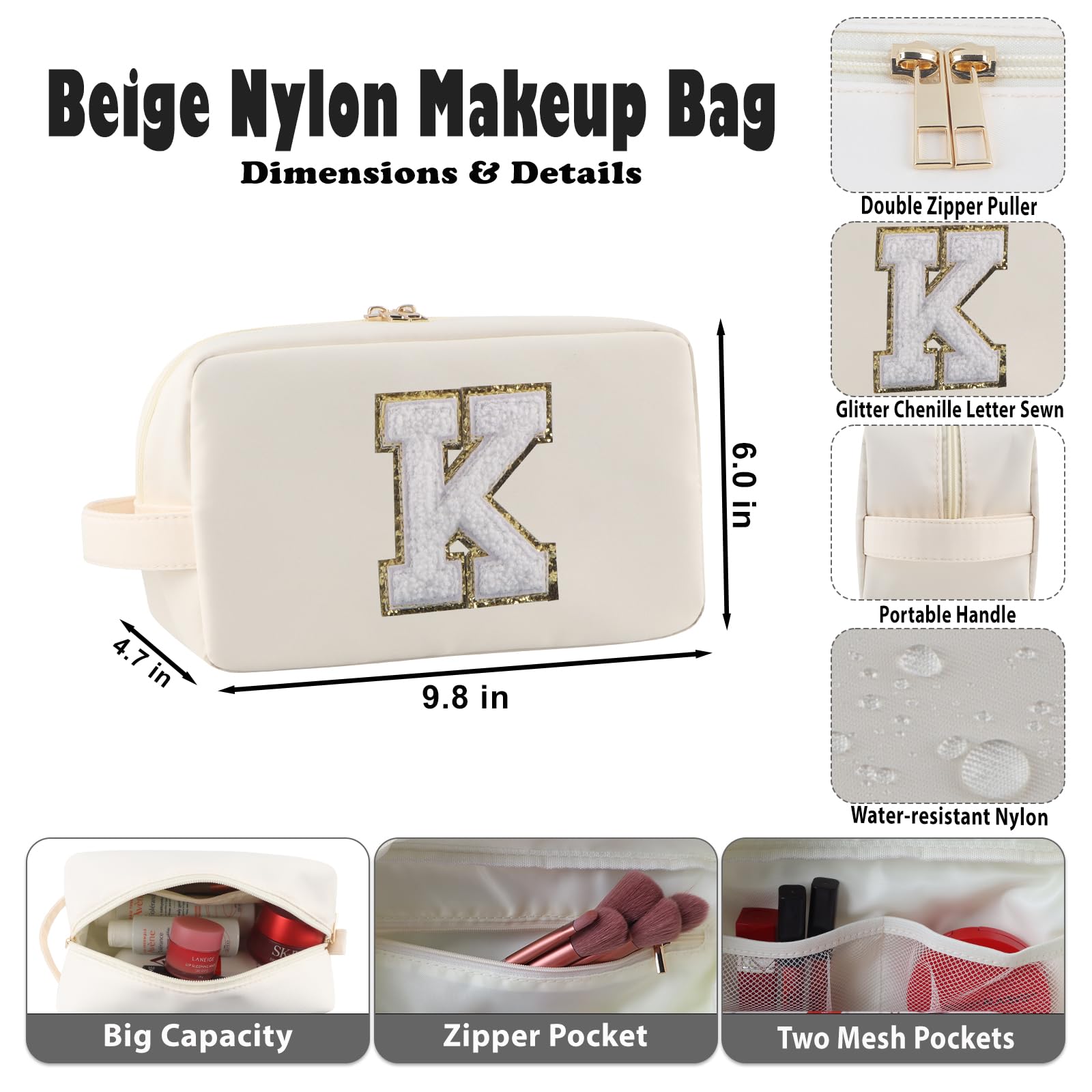 Glitter Chenille Makeup Bag - Water-resistant Hanging Travel Toiletry Organizer for Women, Portable Cosmetic Bag with Nylon Material (Beige) - Perfect for Travel, Gym, and Bathroom Storage