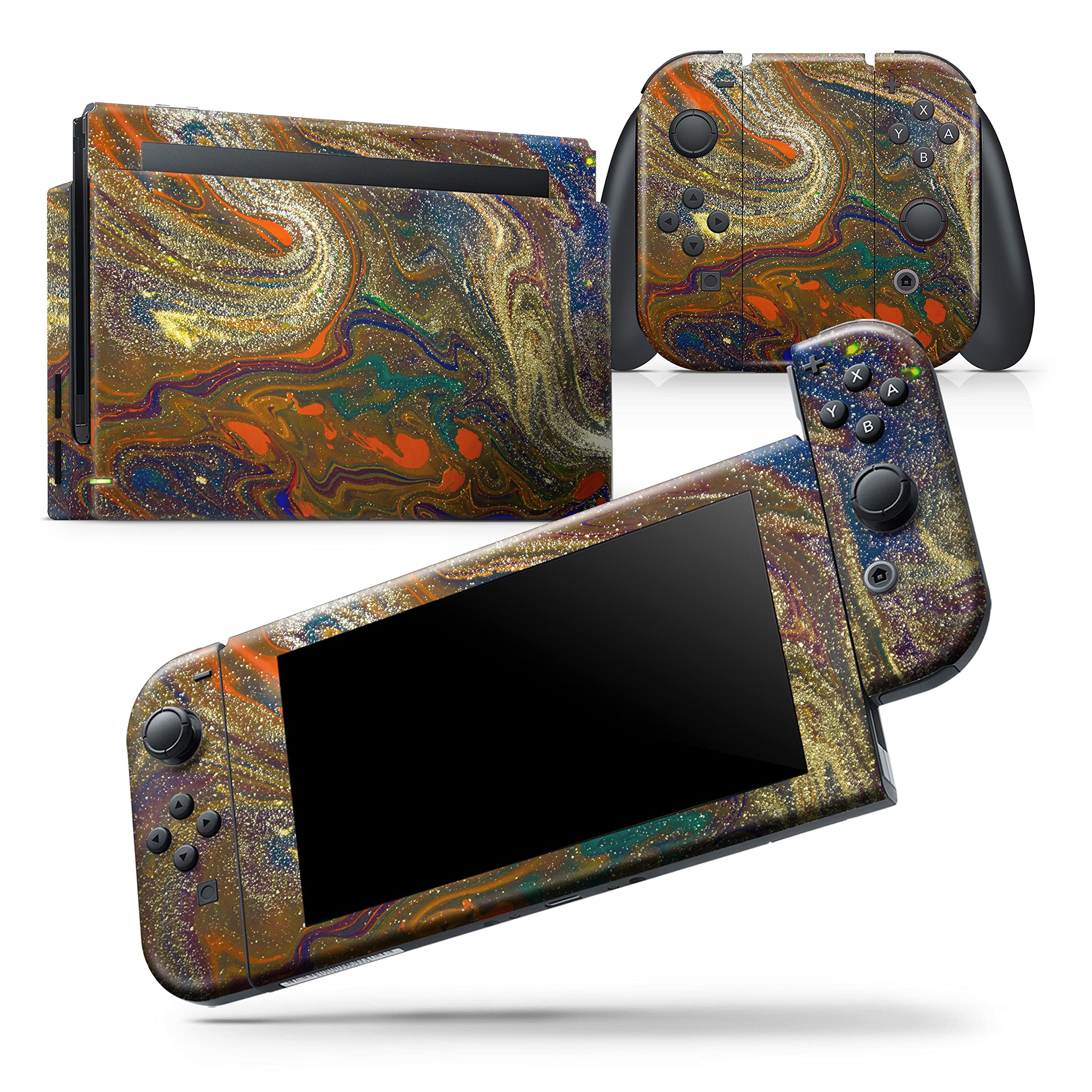 Nintendo Switch & Joy-Con Protective Vinyl Skin Decal - Scratch-Resistant Removable Cover in Colorful Gold Mixed Acrylic - Perfect for Gaming Protection & Customization