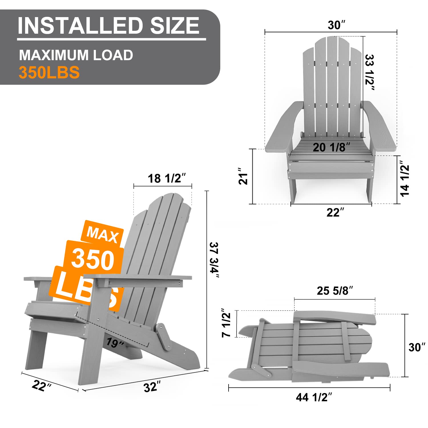 MXIMU Folding Adirondack Chair - Durable Plastic Outdoor Lounge Chair for Lawn, Backyard, Deck, Garden & Camping - Fire Pit Seating - Weather-Resistant Grey Patio Furniture (Perfect for Relaxing by the Poolside or Around the Fire Pit)