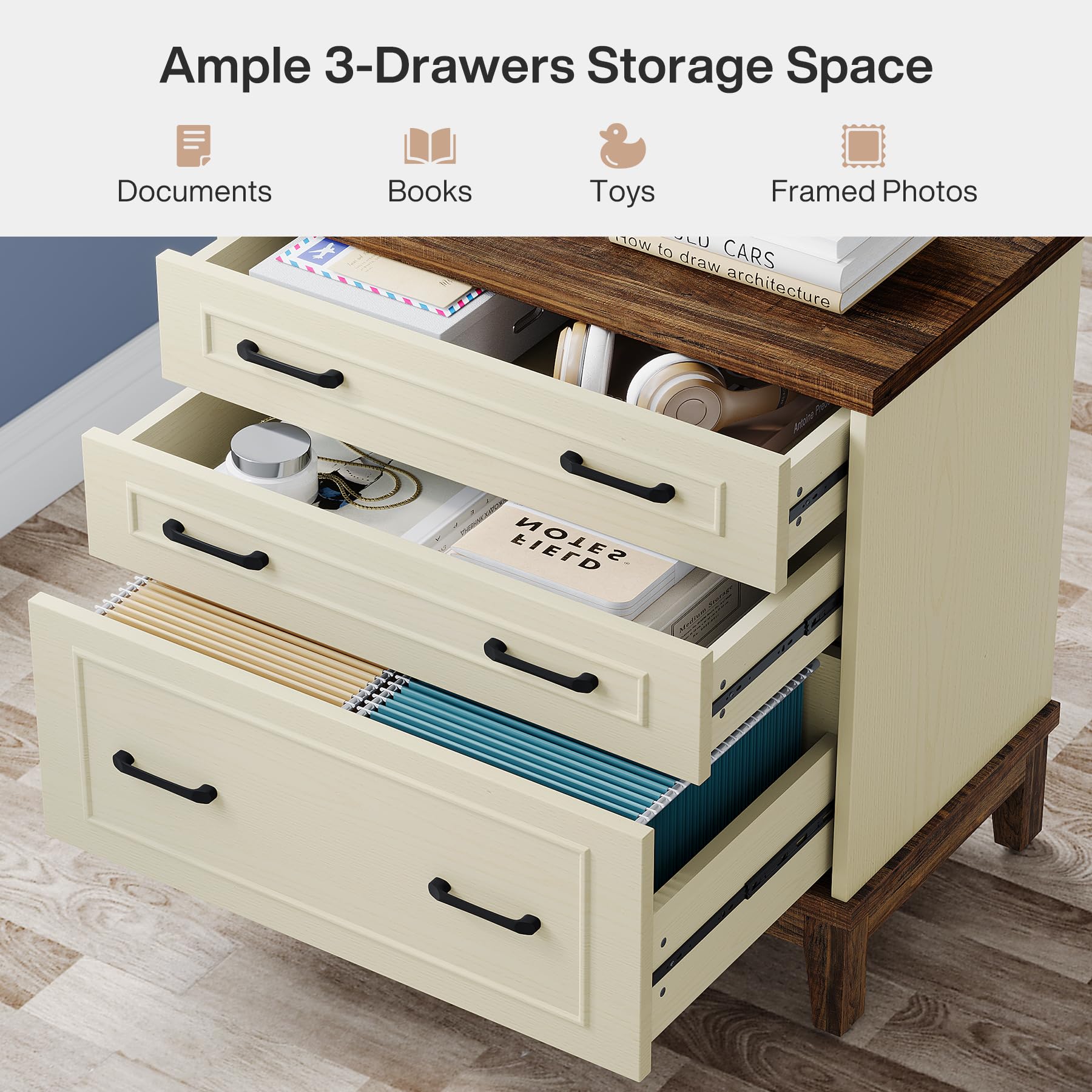 Tribesigns 3-Drawer Lateral File Cabinet for A4/Letter/Legal Size Documents - Wooden Office Storage Cabinet & Printer Stand in White/Walnut - Perfect for Home Office, Living Room & Workspace Organization
