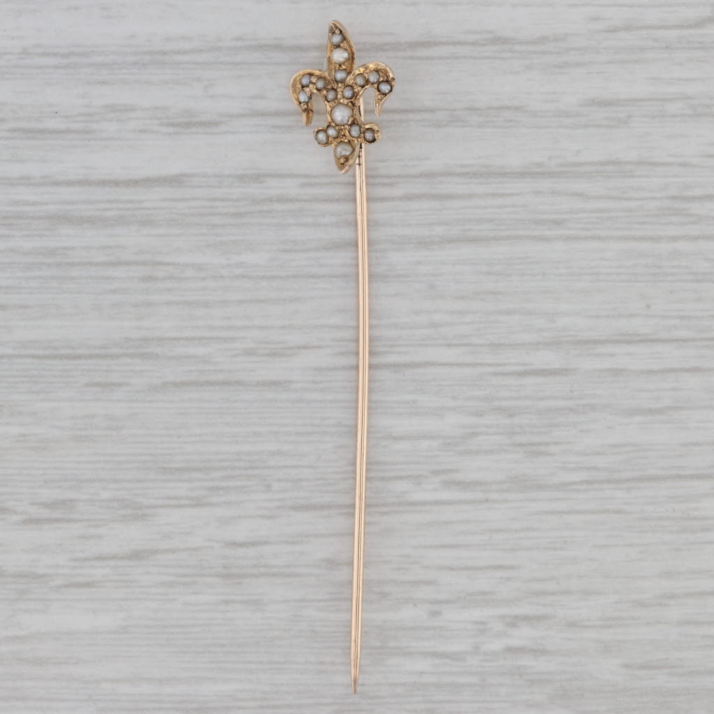Antique 10k Yellow Gold Stick Pin with Fleur De Lis & Seed Pearl Accents - Vintage Jewelry for Collectors, Gifts & Formal Occasions