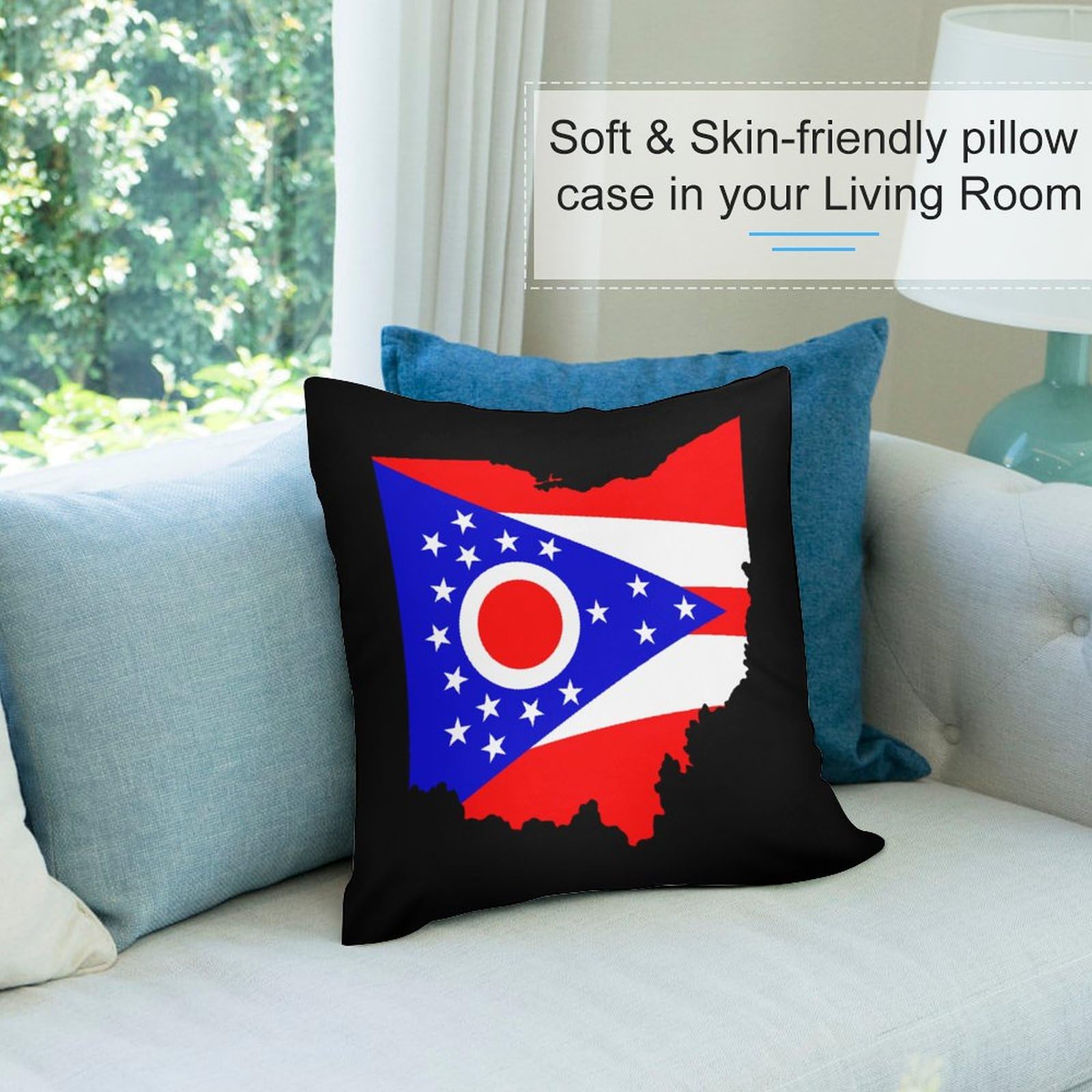 Ohio State Flag Map Plush Pillow Covers Set of 4 - 16x16 Inch Soft Cushion Covers for Sofa, Bed, Couch - Perfect for Home Decor, College Dorm, Game Day & Patriotic Gift