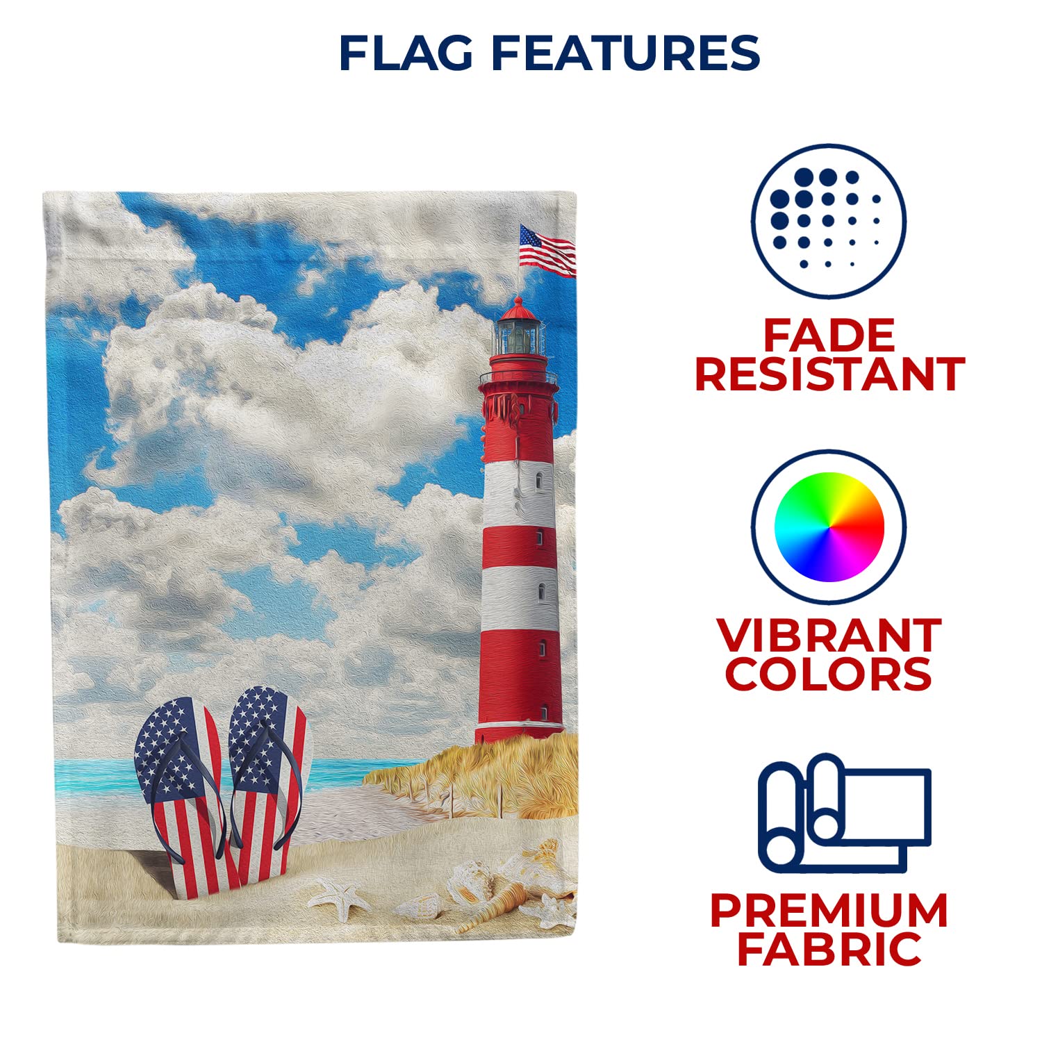 American Patriotic Flip Flops Summer Garden Flag – USA Beach Lighthouse Nautical Decor – Double-Sided Outdoor Yard Flag 12.5 x 18 Inches – Perfect for 4th of July, Memorial Day & Backyard BBQs