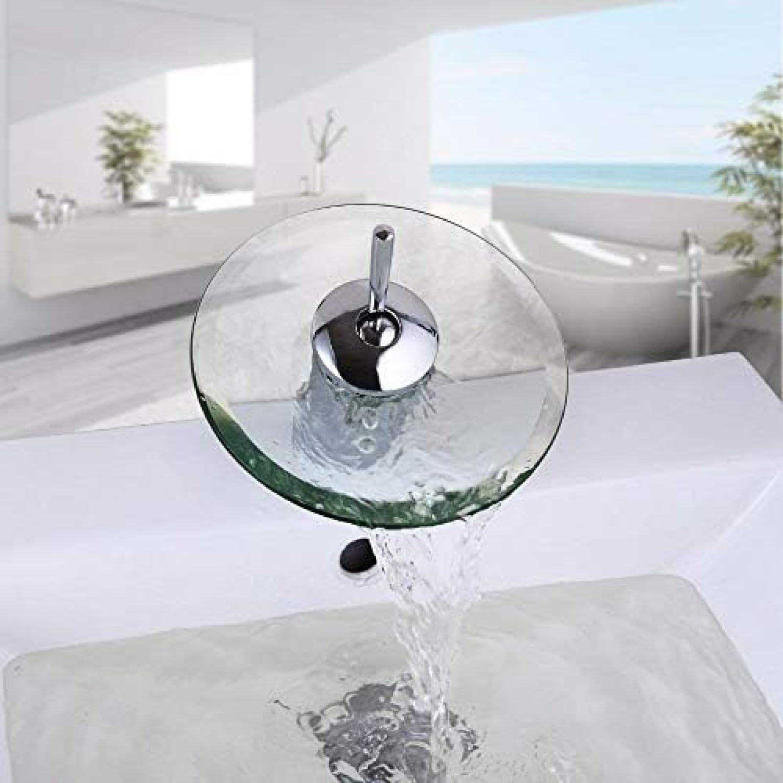 CRJUS Modern Waterfall Bathroom Faucet - Deck Mounted Basin Mixer Tap for Sink - High-Quality Bathroom Sink Faucet with Glass Design - Perfect for Contemporary Bathrooms and Vanities