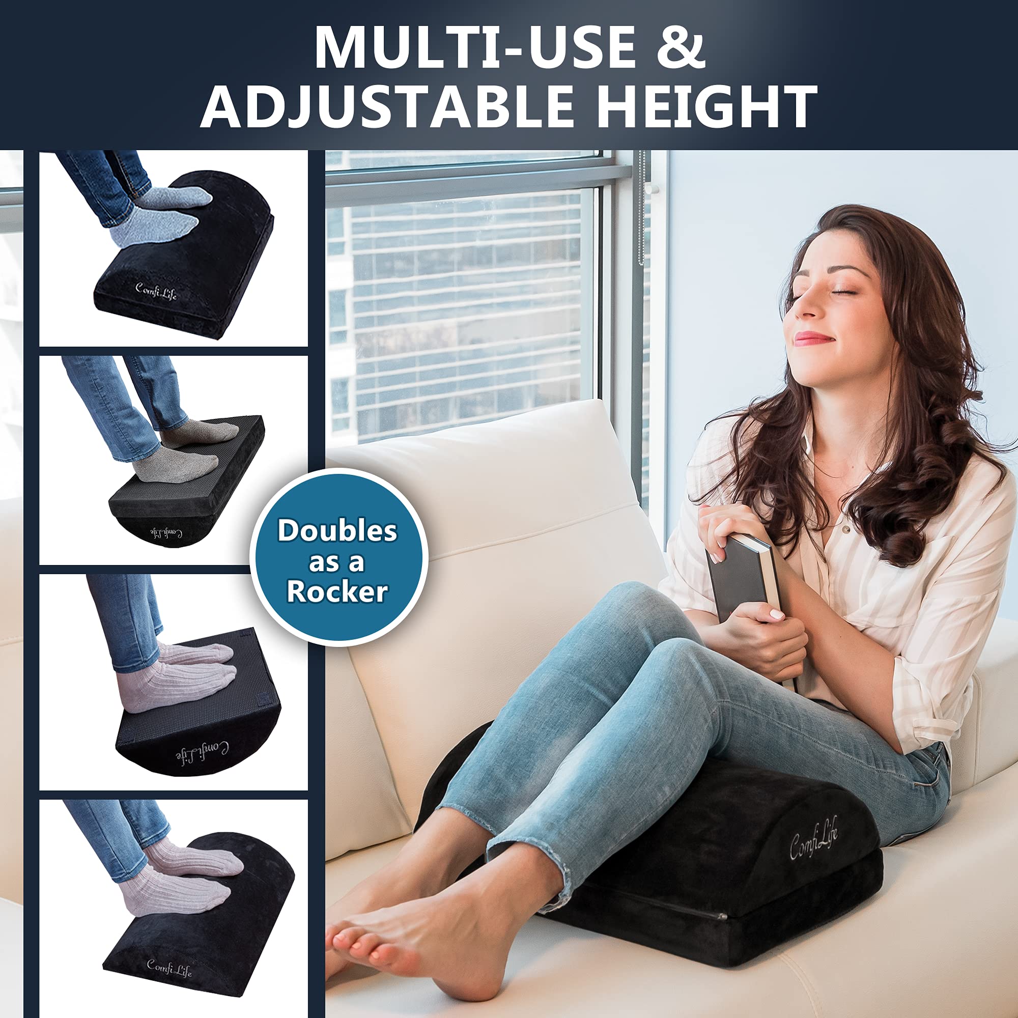 ComfiLife Adjustable Ergonomic Under Desk Foot Rest - Memory Foam Foot Stool for Office & Gaming Chairs - Relieves Back & Hip Pain - Perfect for Home Office, Work from Home & Long Computer Sessions (Black)