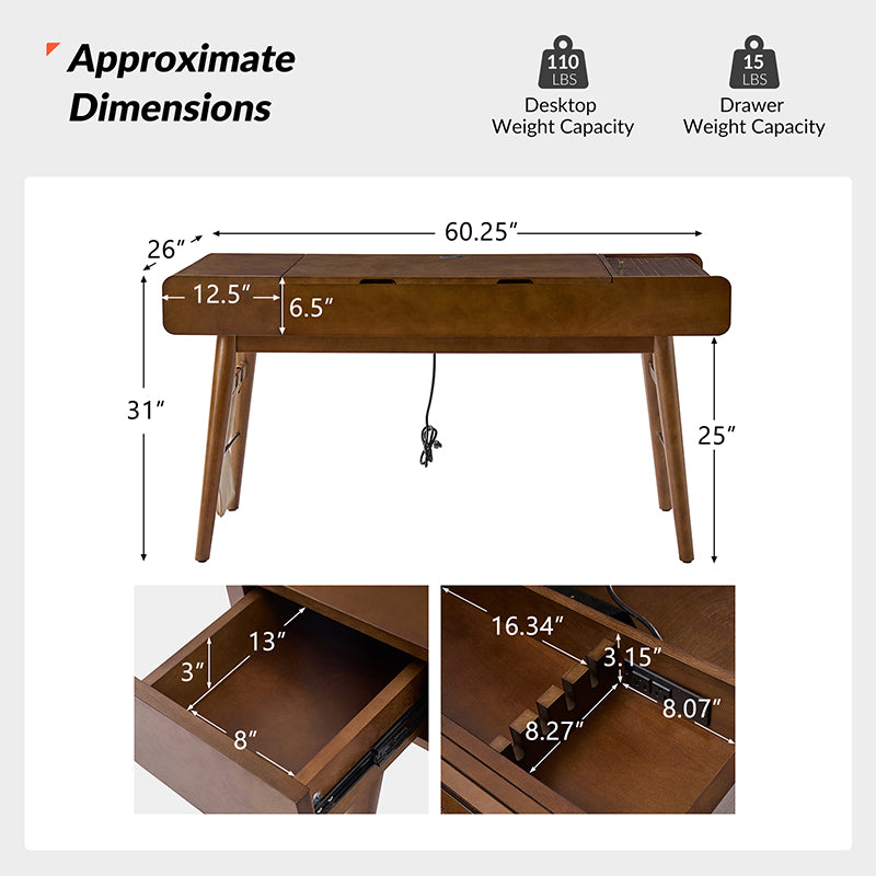 Mid Century Modern Home Office Desk with 2 USB Power Outlets - Stylish Writing Desk for Small Spaces, Remote Work & Study