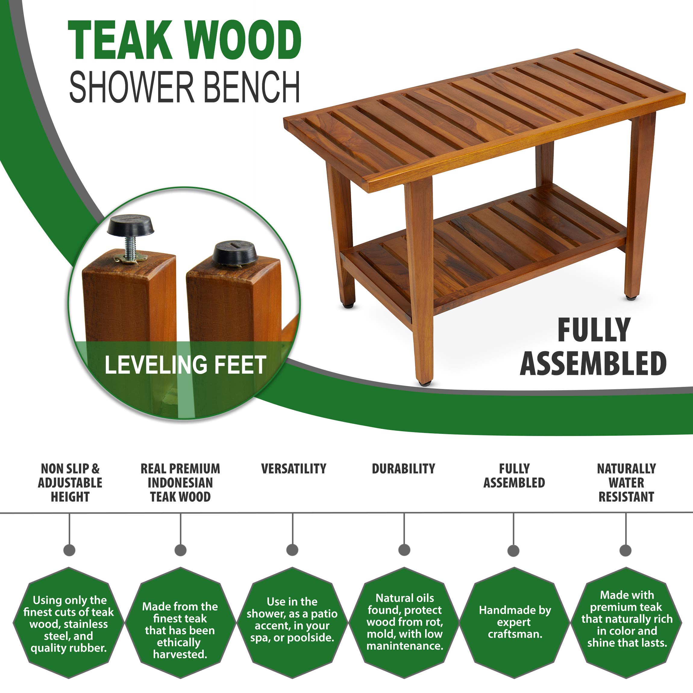 Teak Shower Bench with Shelf - 30 Inch Spa & Bath Stool, Solid Teak Wood, Fully Assembled - Perfect for Shower, Sauna, and Bathroom Relaxation