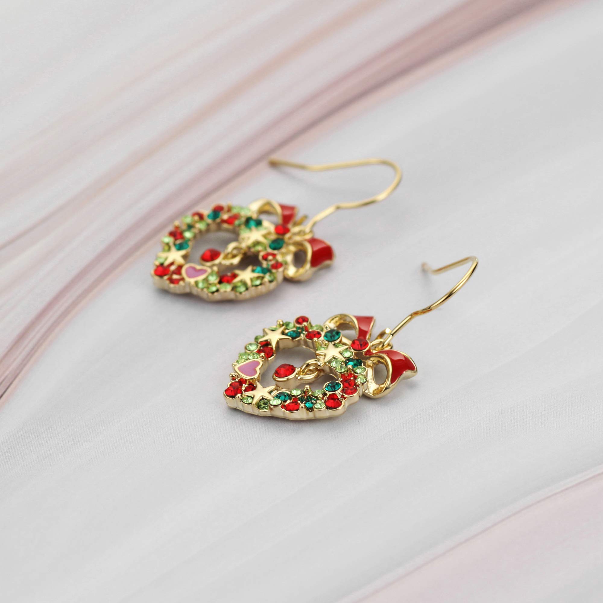 18K Gold Plated Cubic Zirconia Christmas Drop Earrings for Women - Elegant Fishhook Wreath Holiday Jewelry | Perfect for Christmas Parties, Gift Giving & Festive Occasions