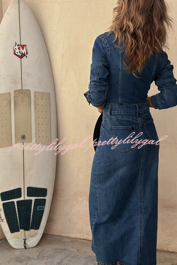 Stylish Tessy Denim Stretch Midi Dress with Metal Buttons & Zipper Detail - Perfect for Casual Outings, Date Nights & Office Wear