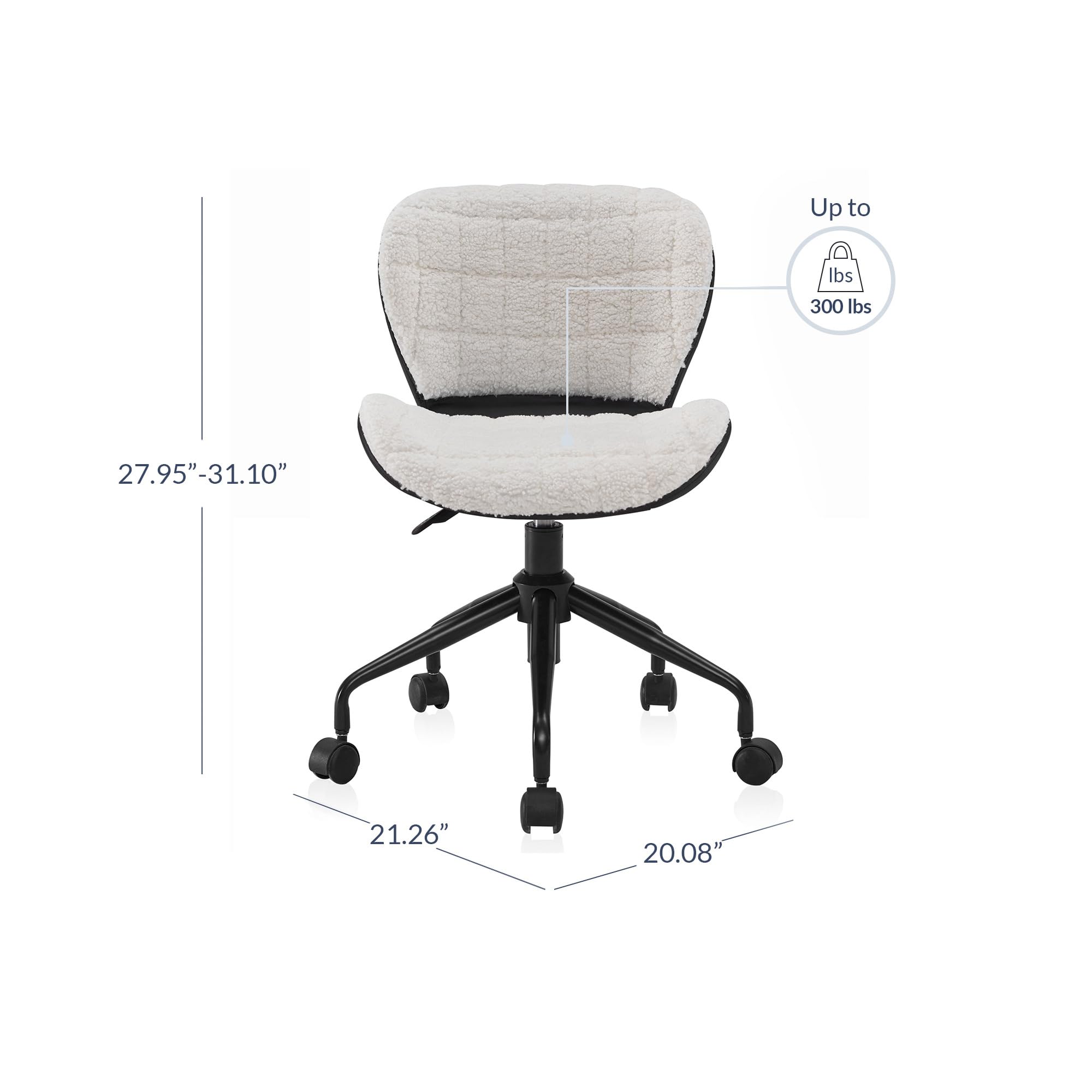 BELLEZE Modern Upholstered Wool Desk Chair with Swivel Wheels & Adjustable Height - Ergonomic Office Chair for Home Office, Gaming Desk & Vanity - Contemporary Rolling Task Chair in White & Black