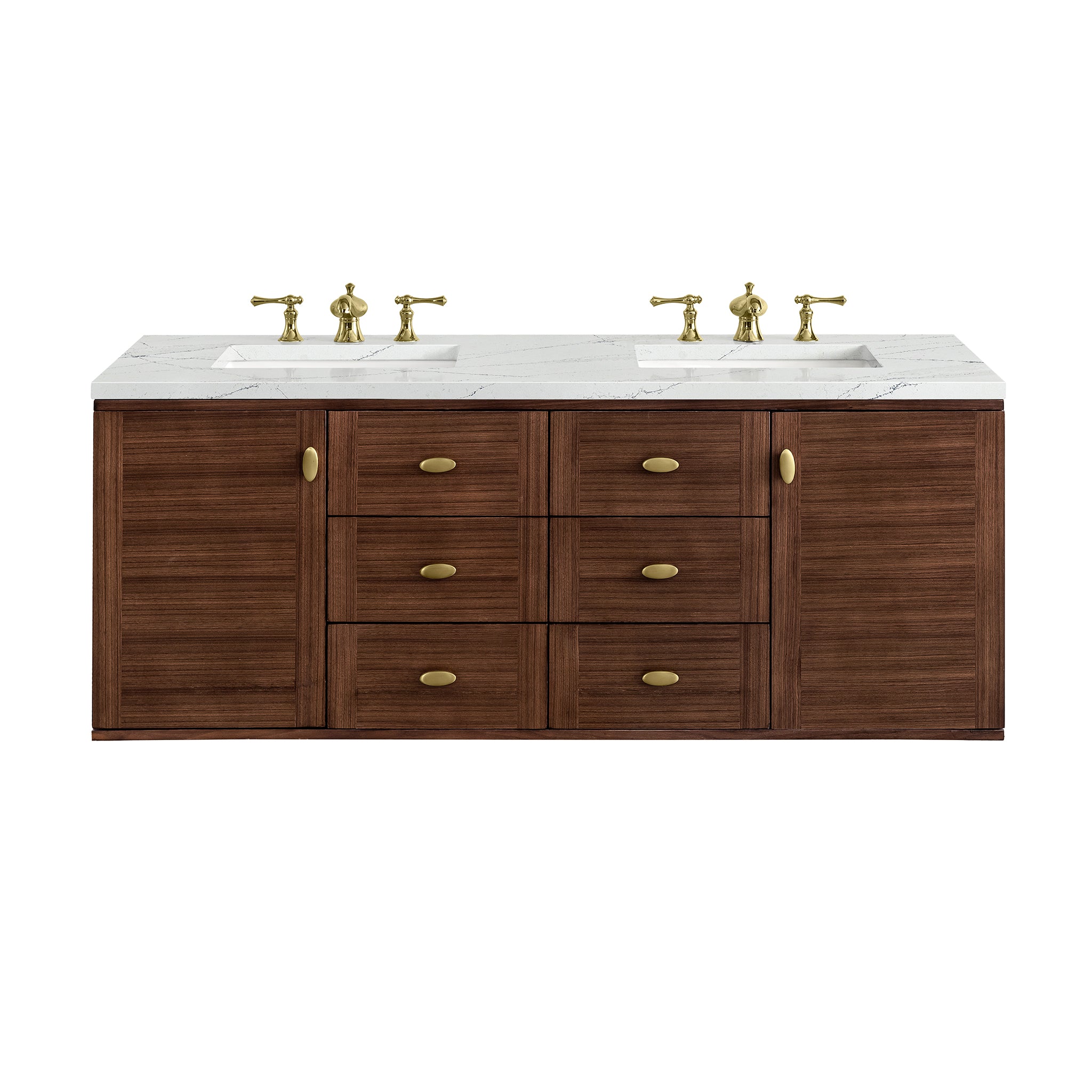 Amberly 60 Inch Double Bathroom Vanity with Mid Century Modern Design in Walnut Finish & 3CM Ethereal Noctis Quartz Countertop - Perfect for Master Bathroom, Guest Bath & Luxury Home Renovation
