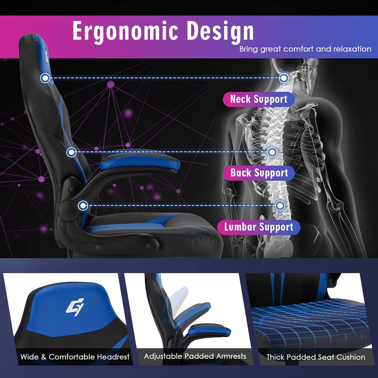 GYMAX Ergonomic High Back Office Chair - Adjustable Height Racing Style Gaming Chair with Padded Armrests, Comfortable Swivel Computer Task Chair for Home Office, Gaming & Theater Room (Blue) - Perfect for Long Work Sessions, Video Gaming & Home Entertainment