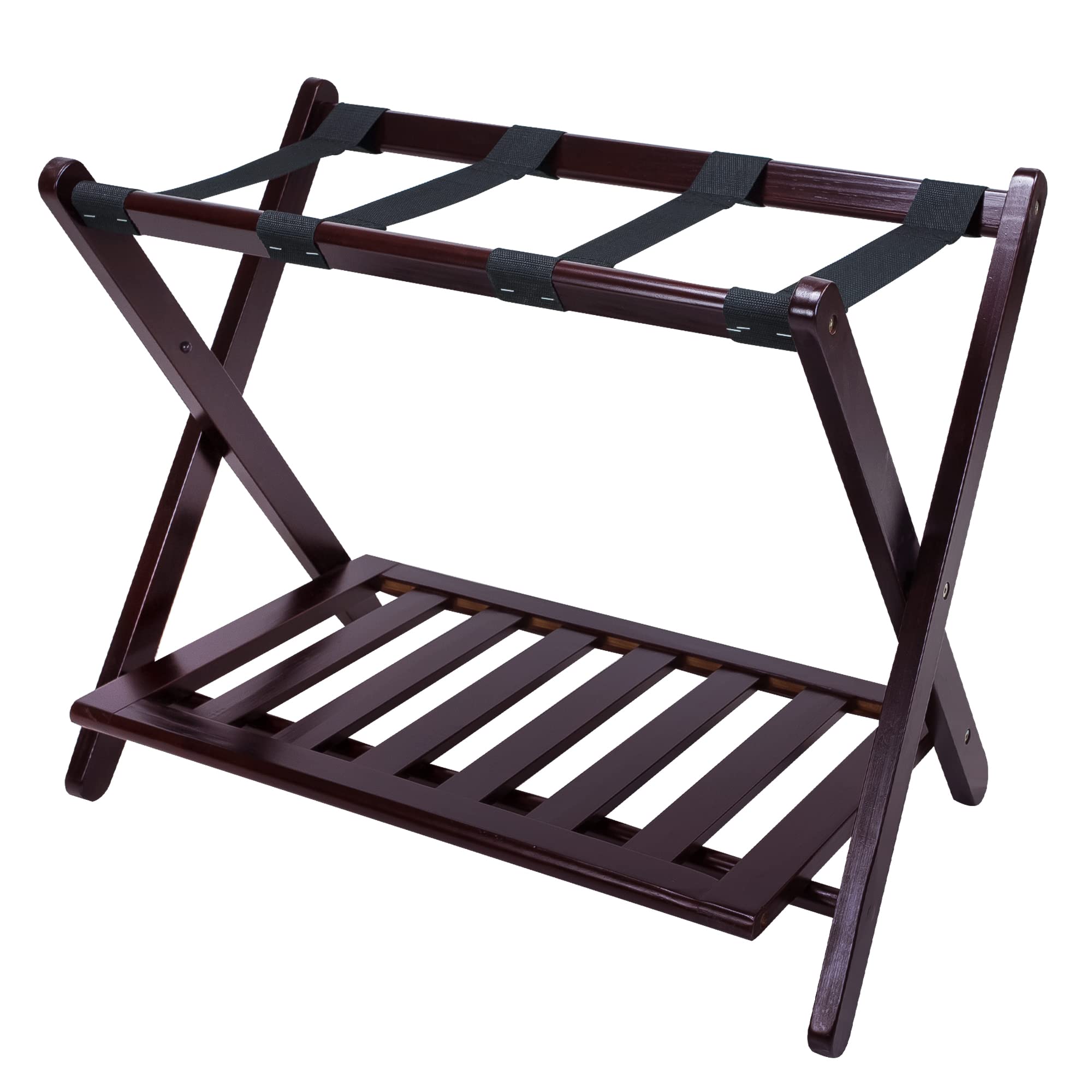 Stylish Espresso Wooden Luggage Rack with Storage Shelf - Perfect for Bedroom, Entryway, or Hotel Room Organization