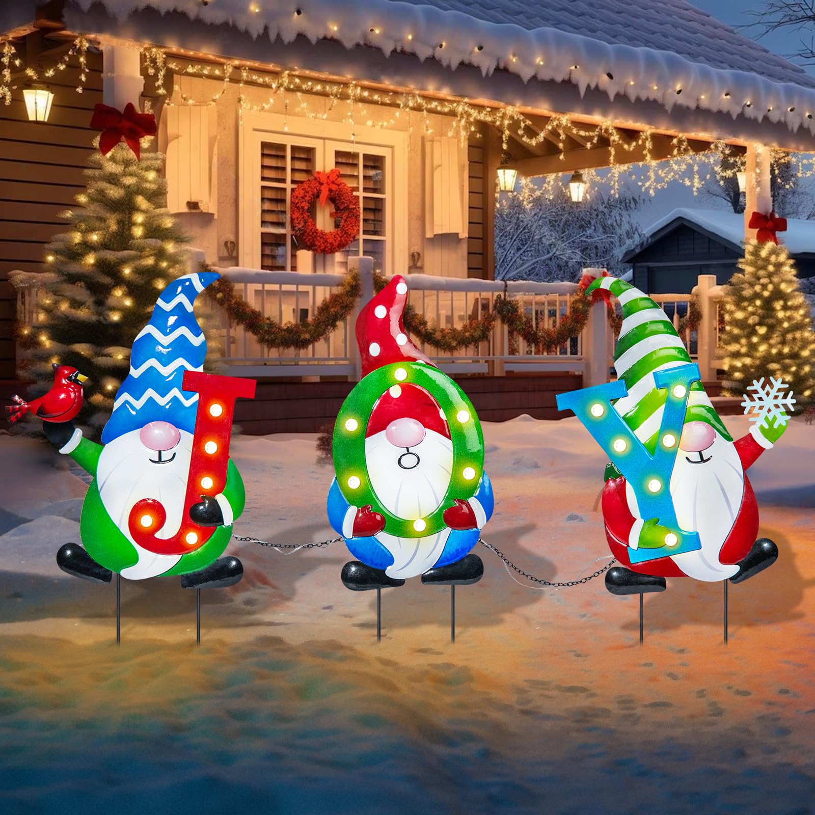 3 Pack Christmas Yard Stakes with Battery Powered Lights - Waterproof Outdoor Gnome Decorations for Lawn, Garden & Holiday Parties | Joyful Xmas Metal Signs for Home & Yard Decor