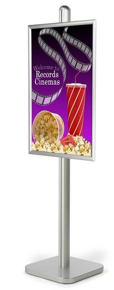 Displays2go 24x36 Floor Stand Poster Display - Front-Loading Snap Frame with Adjustable Height, Silver Aluminum & Steel Frame - Perfect for Trade Shows, Retail Stores & Event Signage