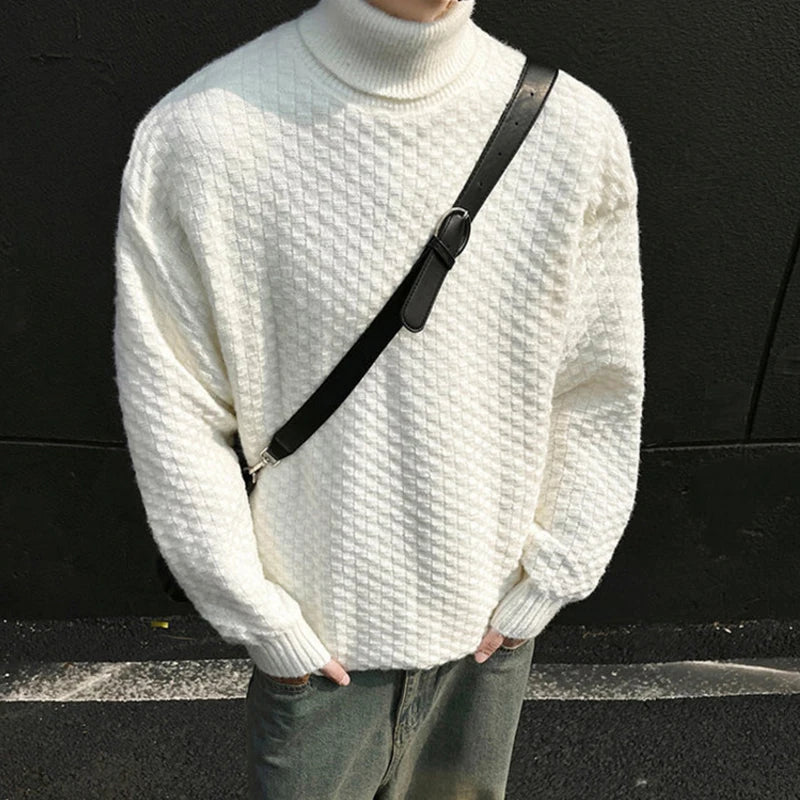 Men's Turtleneck Jacquard Knit Sweater - Loose Fit Pullover Solid Color Casual Winter Knitwear for Autumn & Winter | Office Wear, Holiday Outfits, Cold Weather Fashion