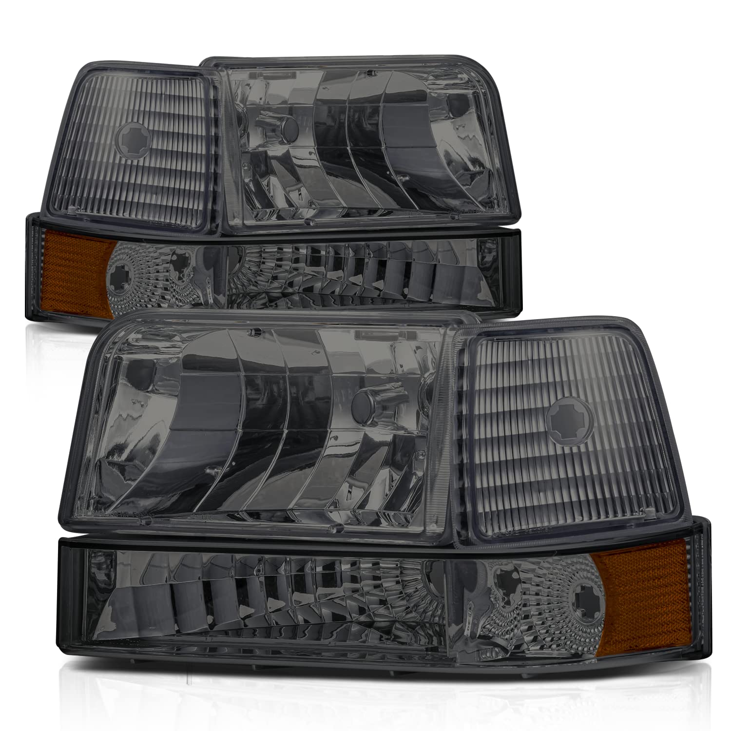 M-AUTO Chrome Amber Headlight Assembly Set for 1992-1996 Ford F-150 F-250 F-350 & Bronco - Complete Headlamps, Corner Lights & Bumper Lamps Kit (Driver & Passenger Side) - Upgrade Your Truck's Lighting for Night Driving & Off-Road Adventures