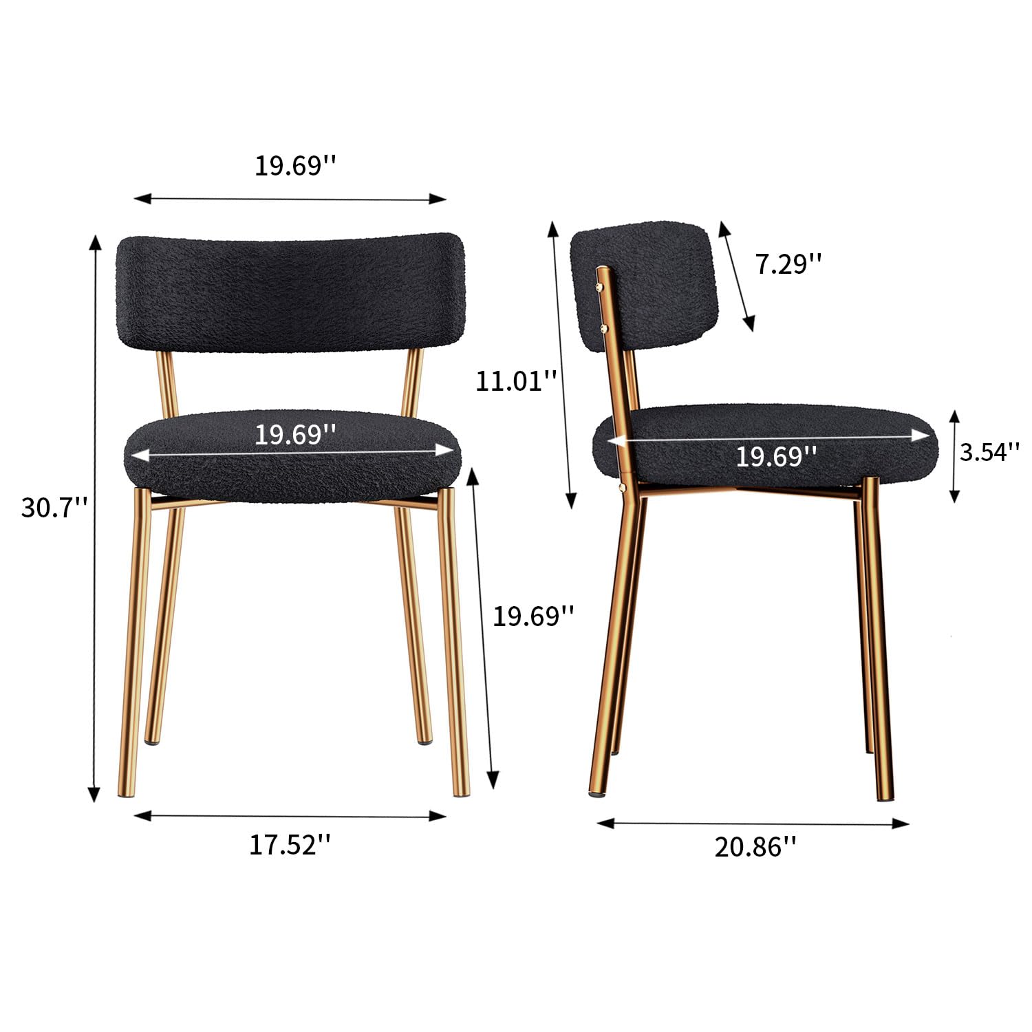 Modern Dining Chairs Set of 4 - Round Upholstered Boucle Sherpa Kitchen Chairs with Curved Backrest & Gold Metal Legs - Mid Century Black Dining Room Chairs for Home, Restaurant, Cafe & Office Use
