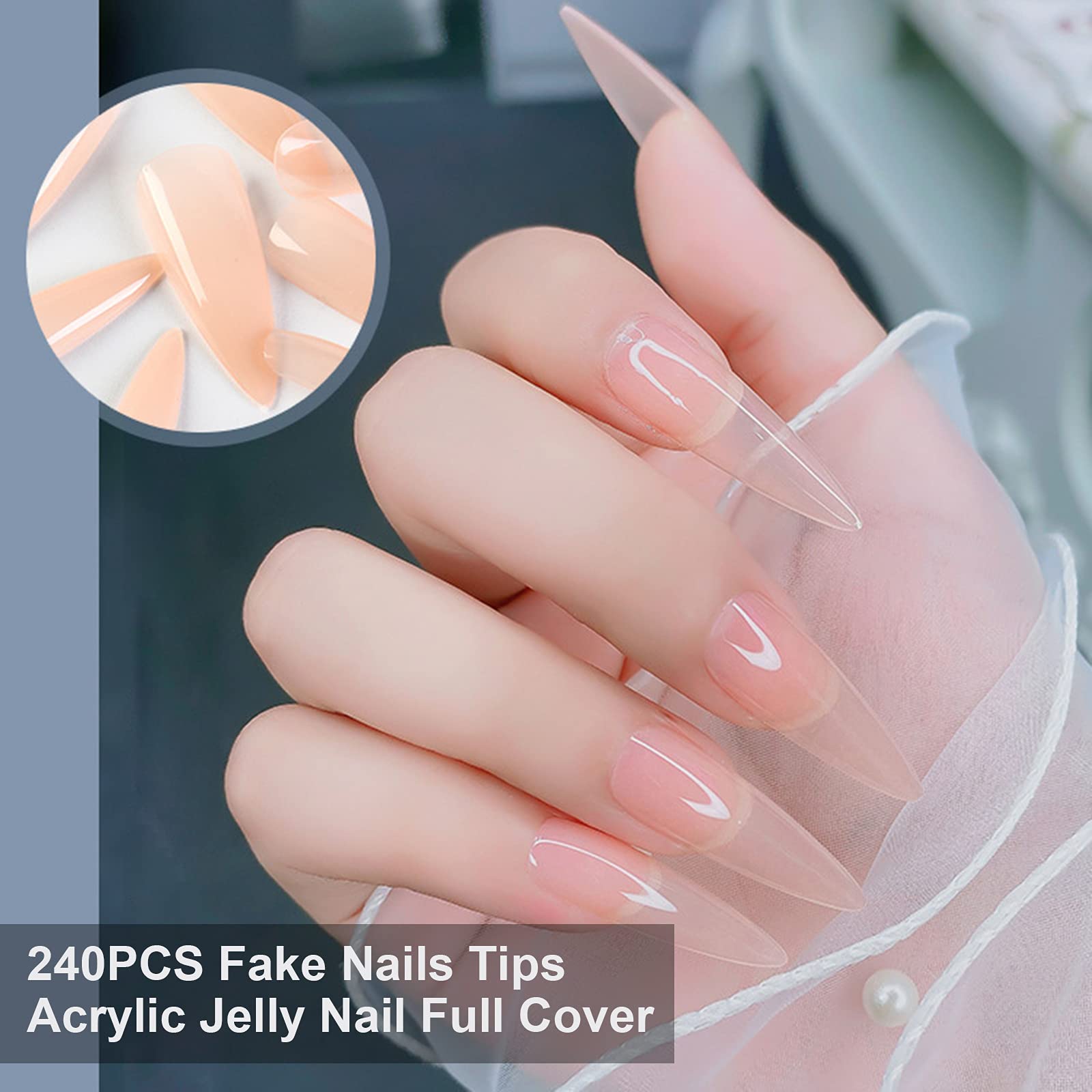 EXCLUZO 240PCS Acrylic Fake Nails - Full Cover Jelly Nail Tips in 6 Sizes for Salon & DIY Nail Art | Sharp Shaped Artificial Nails for Parties, Weddings & Special Occasions