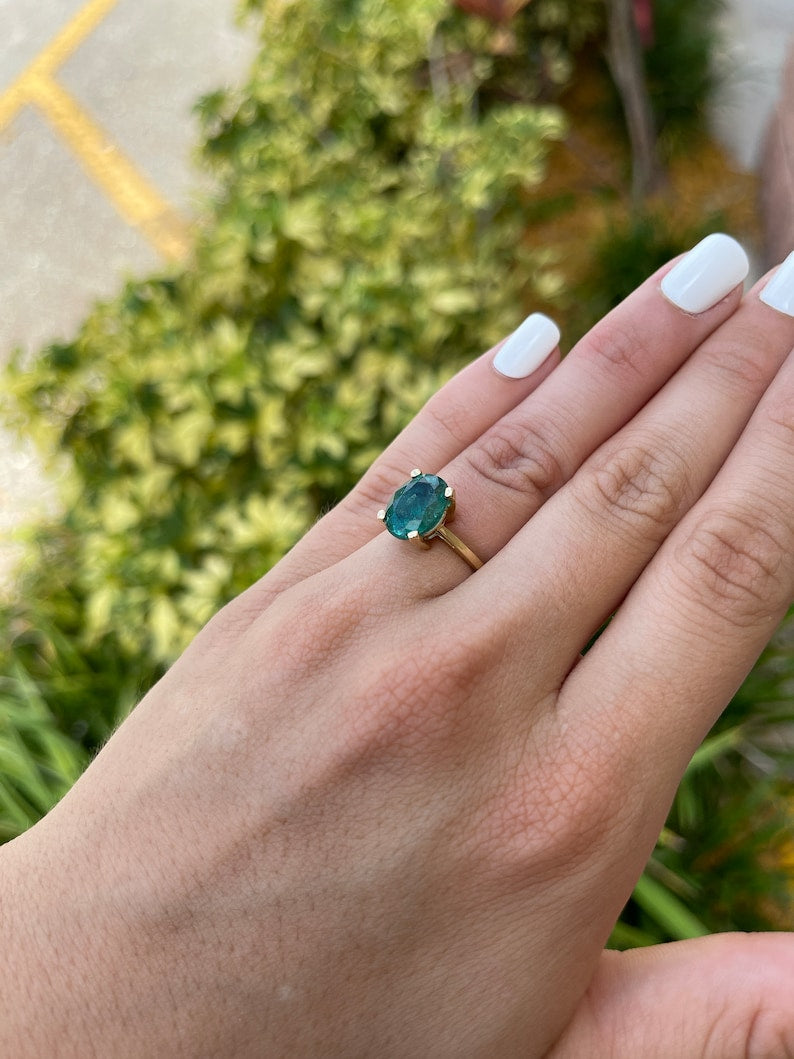 3.31cts 14K Natural Oval Cut High Quality Dark Emerald Solitaire Gold Ring for Women – Elegant Engagement, Wedding, Anniversary Gift – Perfect for Special Occasions & Everyday Luxury