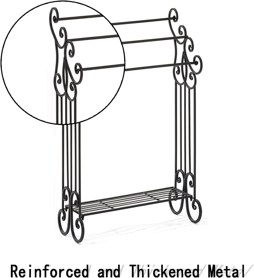 Free Standing Towel Rack 3-Tier with Storage Shelf - Space Saving Bathroom Organizer for Towels, Robes & Linens - Sturdy Metal Design for Bedroom, Laundry Room, Kitchen & Poolside Use - Matte Black Finish