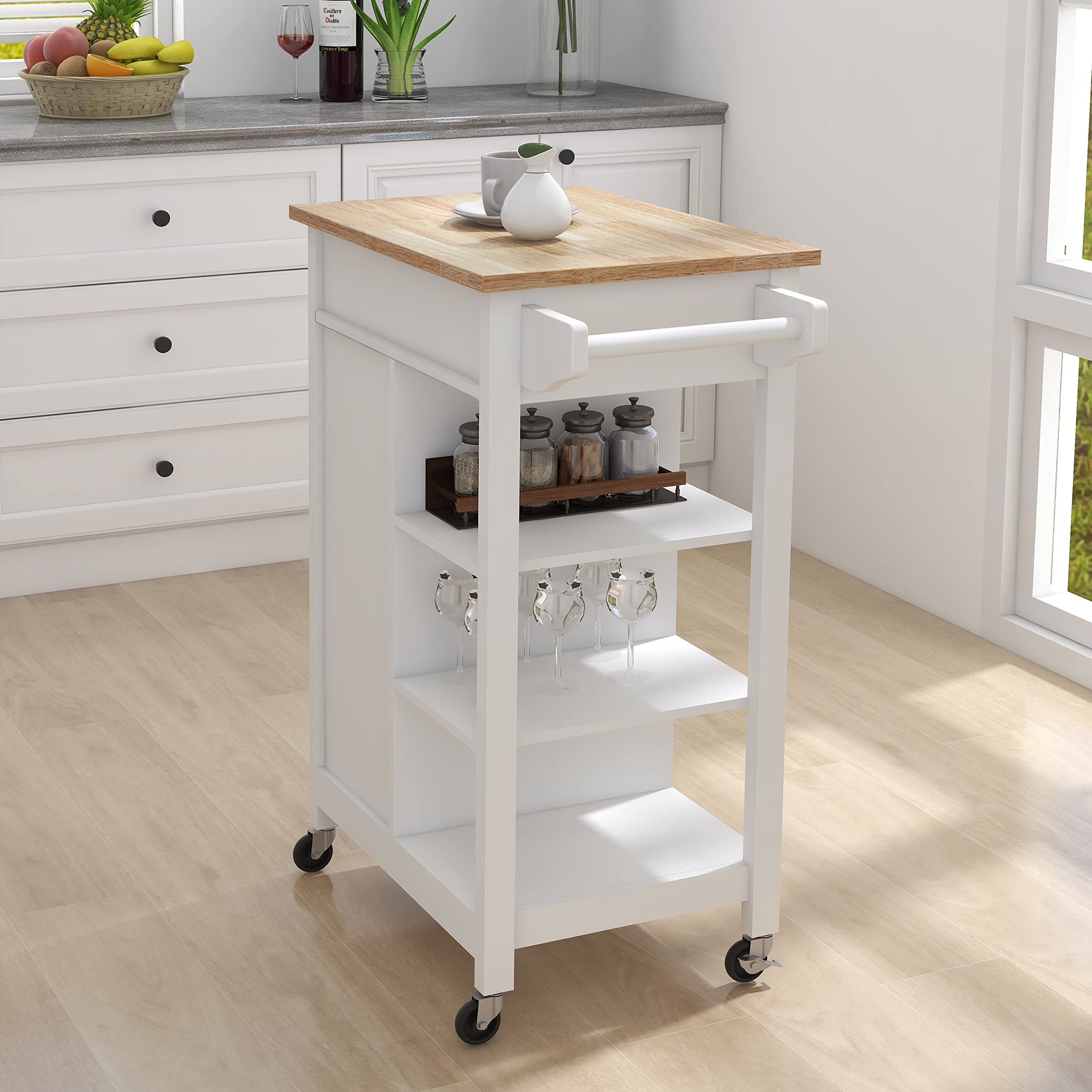 Premium Kitchen Island Rolling Trolley Cart with Towel Rack & Rubber Wood Table Top - Mobile Kitchen Storage Organizer for Small Spaces, Dining Room, or Outdoor Entertaining
