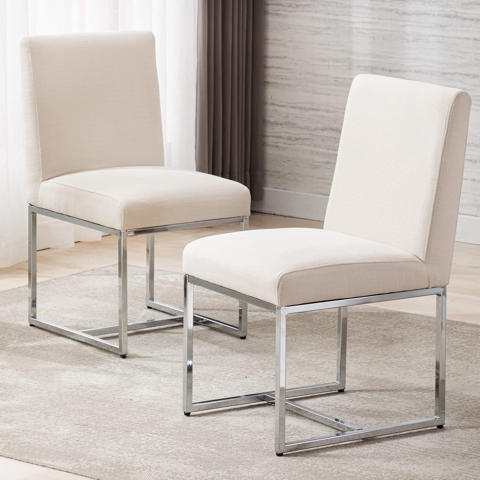 Mid Century Modern Dining Chairs Set of 2 - Cream Linen Upholstered Kitchen & Dining Room Chairs with Polished Chrome Metal Frame | Perfect for Small Spaces, Breakfast Nooks & Contemporary Dining Rooms