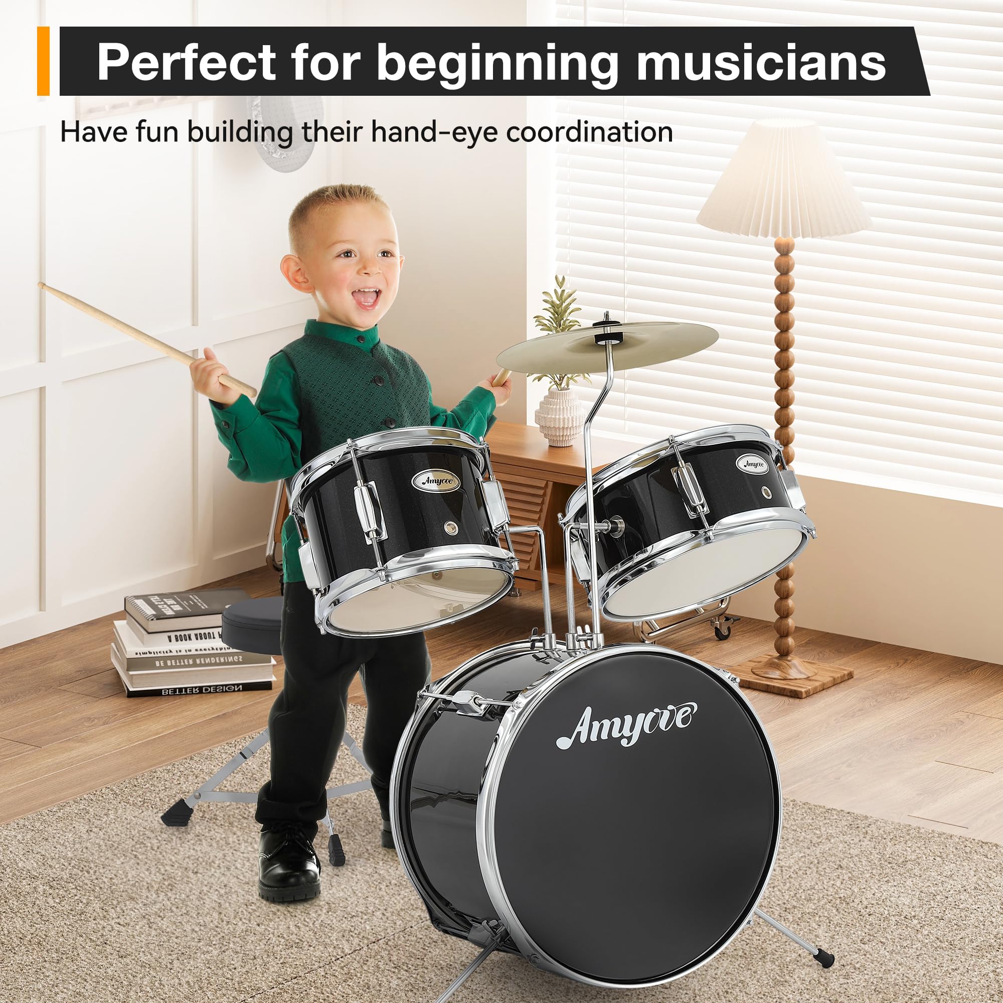3-Piece Junior Drum Set with Cymbal, Tom, Bass Drum, Drumsticks, Pedal & Stool - Complete Beginner Drum Kit for Kids & Teens - Perfect for Home Practice, Music Lessons & Rock Band Performances (Black)