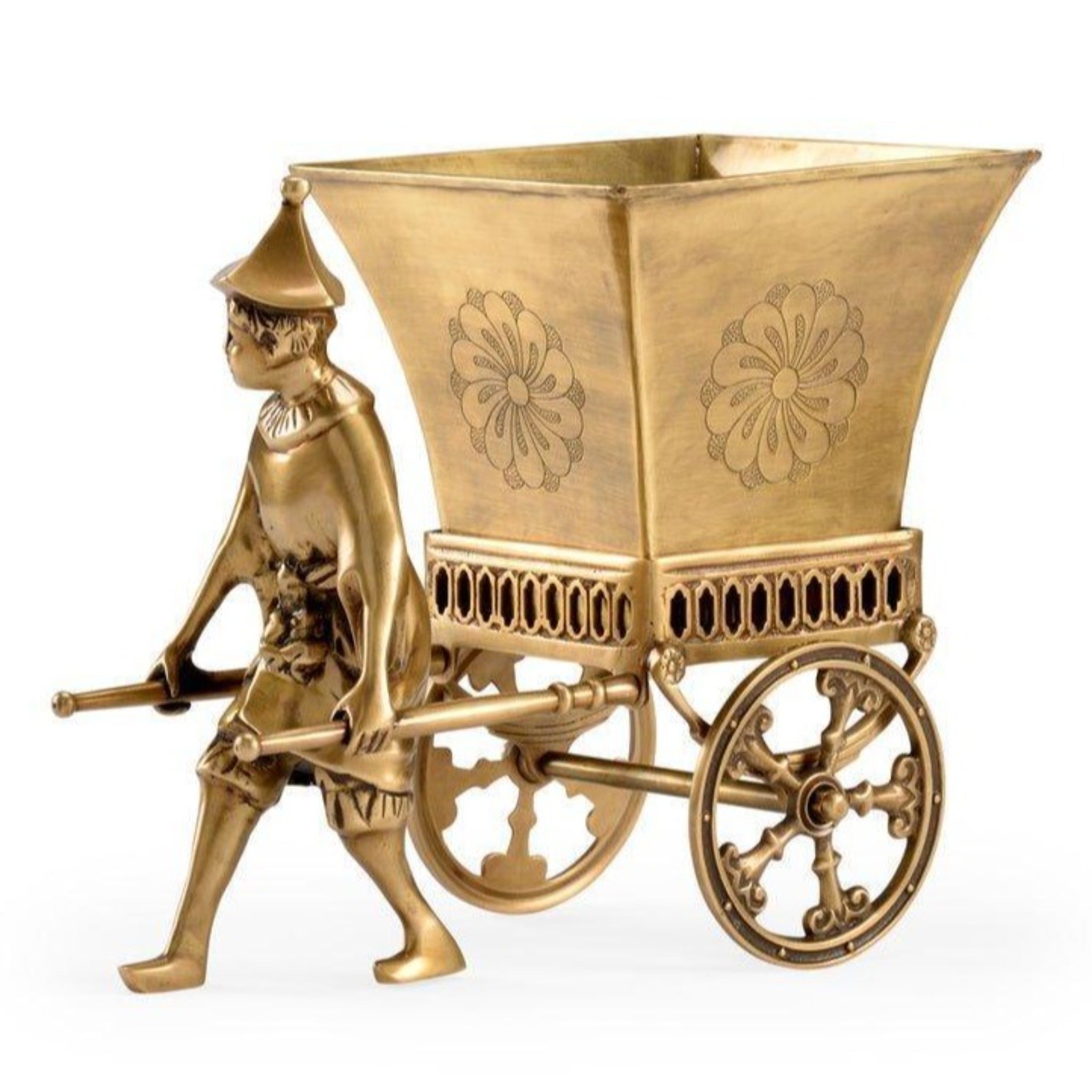 Vintage Brass Chinese Pull Cart Planter - Antique Style Flower Pot for Home Garden Decor | Perfect for Indoor & Outdoor Plants, Patio, Balcony, and Garden Decorations