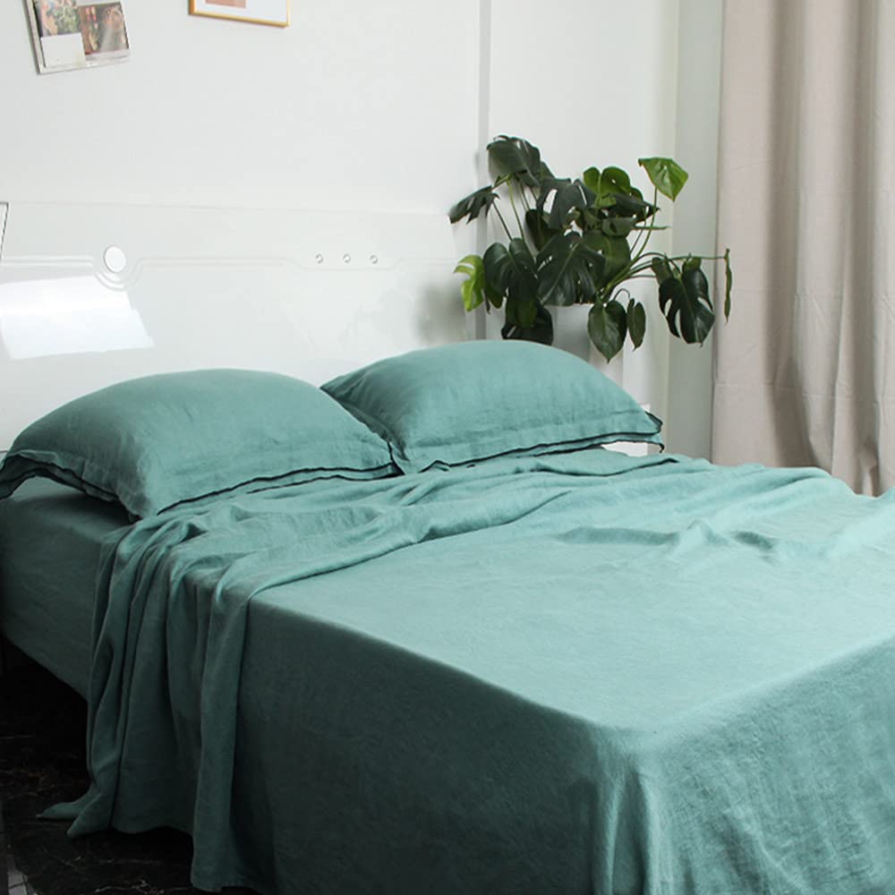 100% French Natural Linen Bedding Set - Stone Washed 4-Piece Sheet Set with Flange Pillowcases | Breathable & Durable Full Size Light Seagreen | Perfect for Luxury Bedrooms, Guest Rooms & Vacation Homes