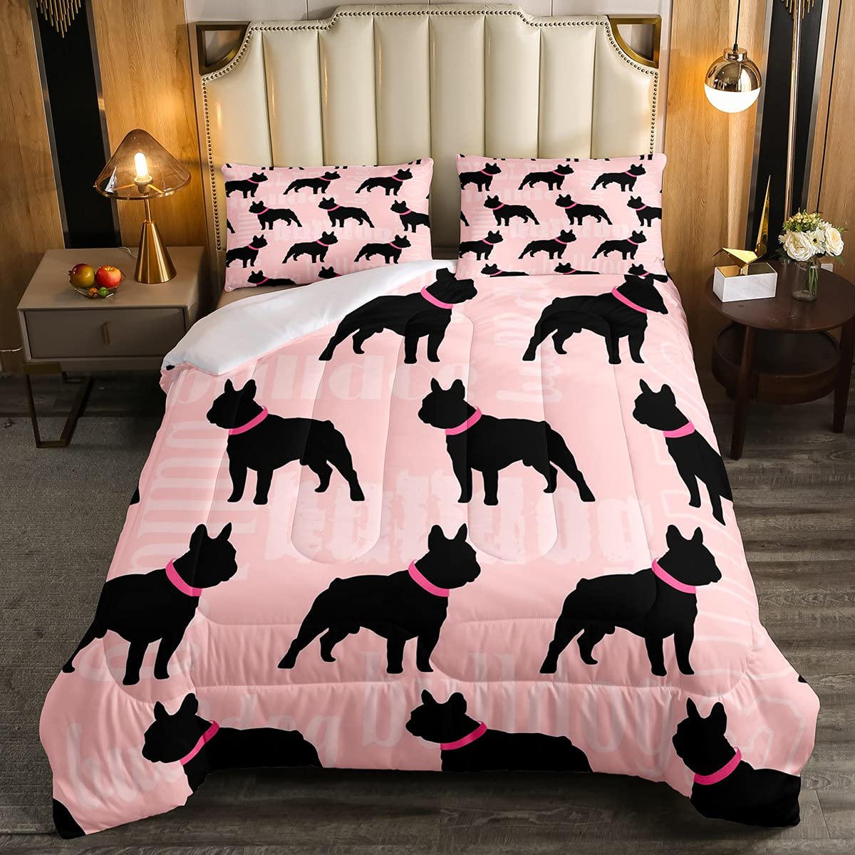 Manfei Full Size Dog Comforter Set - Black Puppy Silhouette Duvet Cover with 2 Pillowcases, 3-Piece Animal Theme Bedding for Kids, Boys & Girls | Soft Pink Quilted Bed Set for Cozy Bedrooms & Pet Lover Gifts
