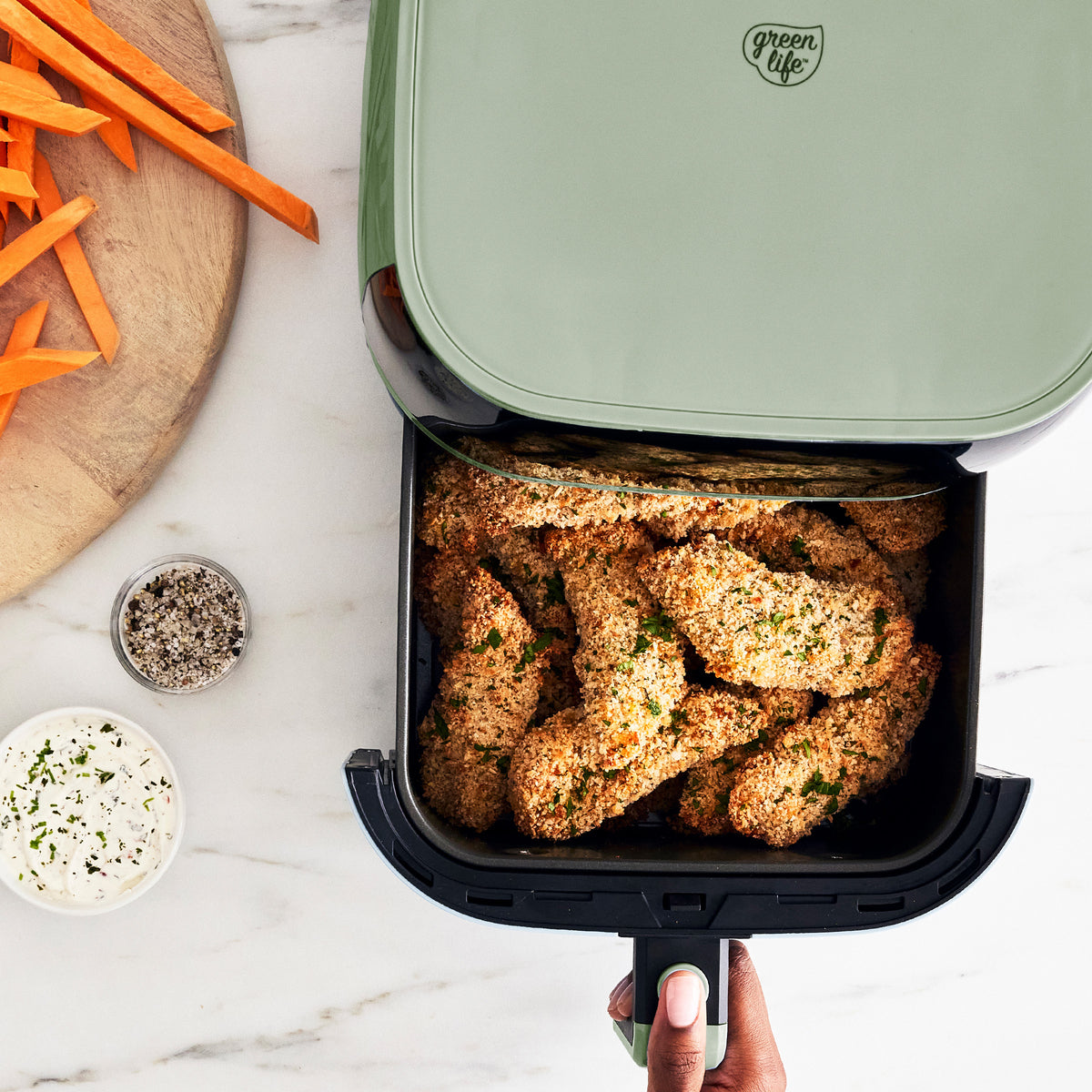 GreenLife 5.3 Quart Digital One Touch Air Fryer with Rapid Air Technology - Healthy Oil-Free Cooking, Sage Green - Perfect for Frying, Baking, Roasting & Reheating Family Meals