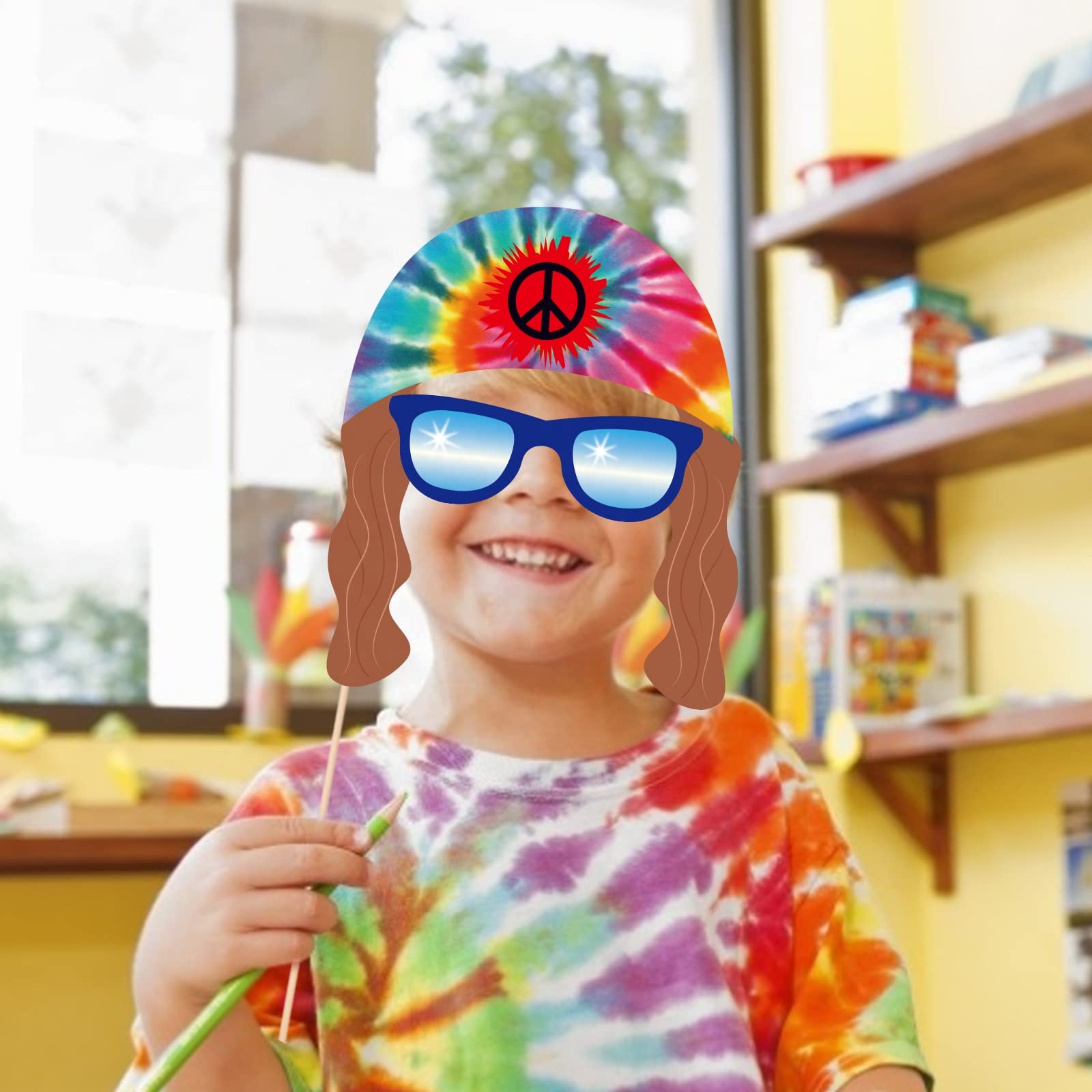 25Pcs Hippie Photo Booth Props with Sticks - 60s 70s Groovy Theme Selfie Accessories, Tie Dye Birthday Party Decorations, Peace Sign Backdrop for Hippie Themed Parties & Festivals
