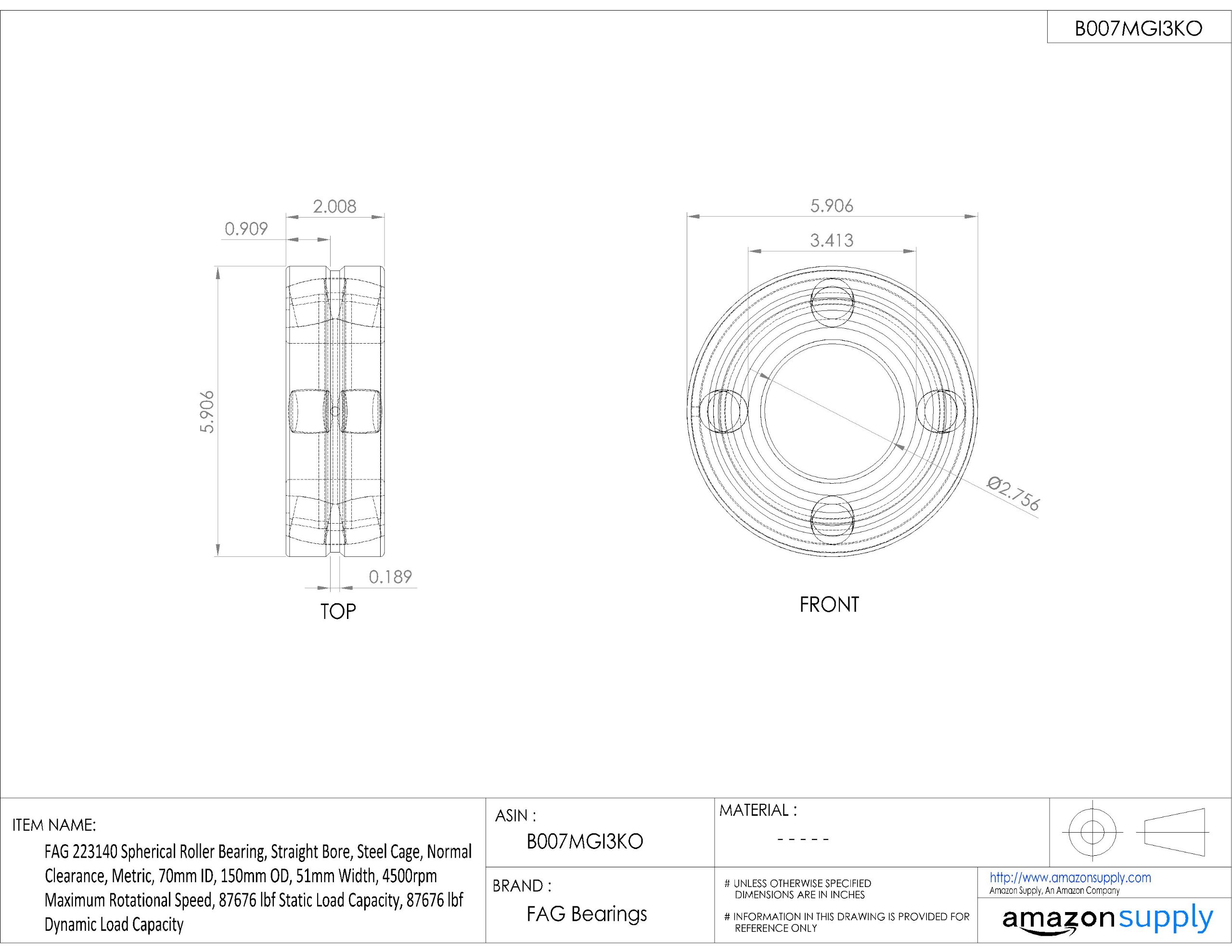 FAG 223140 Spherical Roller Bearing 70x150x51mm - Steel Cage, Straight Bore, Normal Clearance | High Speed 4500rpm | 87676 lbf Load Capacity | Industrial Machinery, Heavy Equipment, Power Transmission Applications