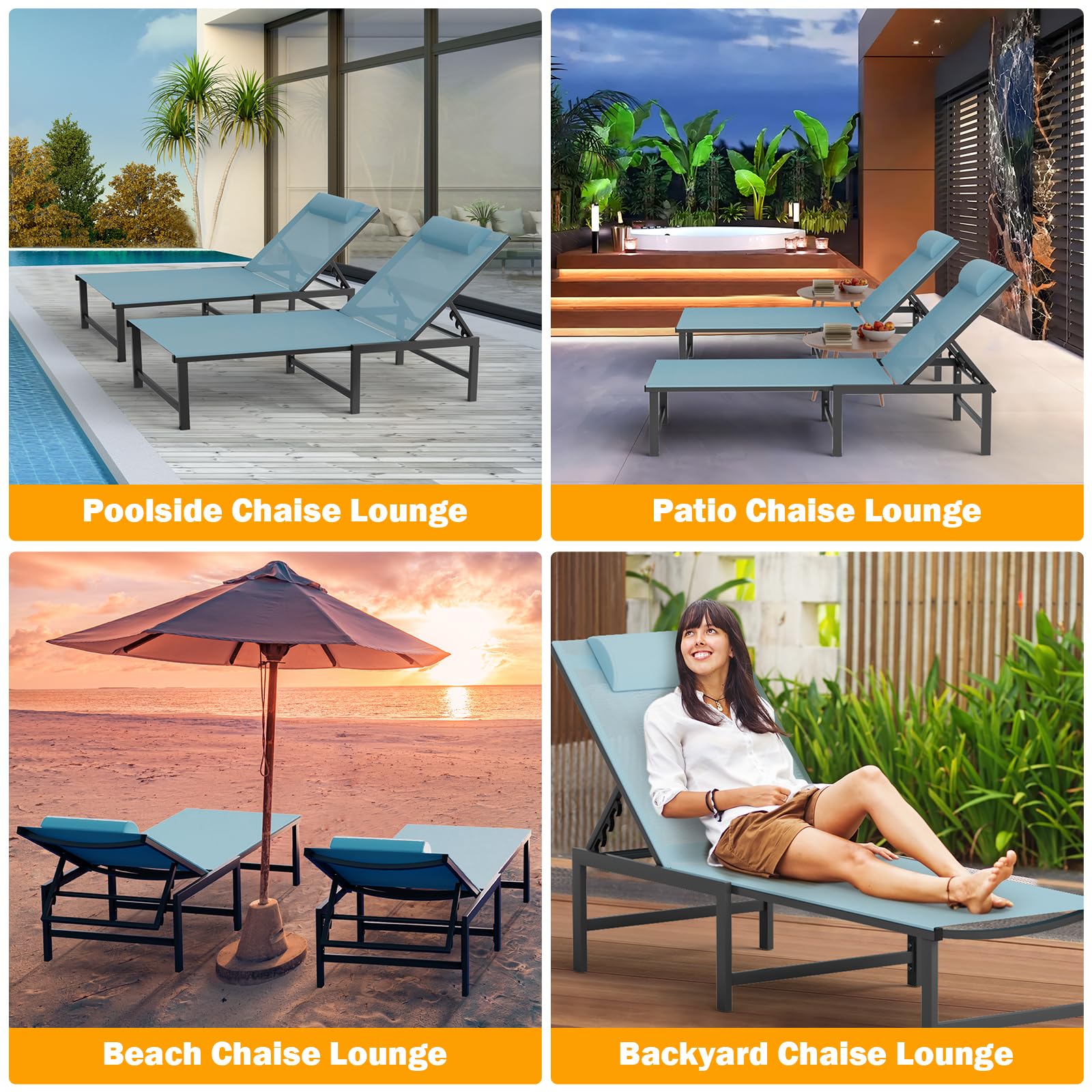 Outdoor Chaise Lounge Chair with Adjustable Backrest - Aluminum Patio Lounge Chair with Headrest Pillow - Perfect for Beach, Poolside & Backyard Relaxation (Blue)