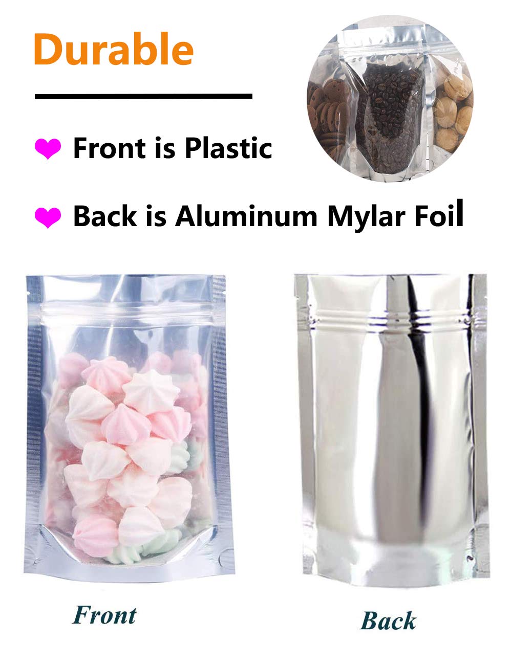 100PCS Stand Up Aluminum Foil Bags - Smell Proof & Reclosable Airtight Food Storage Pouches with Ziplock for Snacks, Coffee, Beans, Nuts | Ideal for Kitchen, Camping, Travel & Bulk Food Preservation
