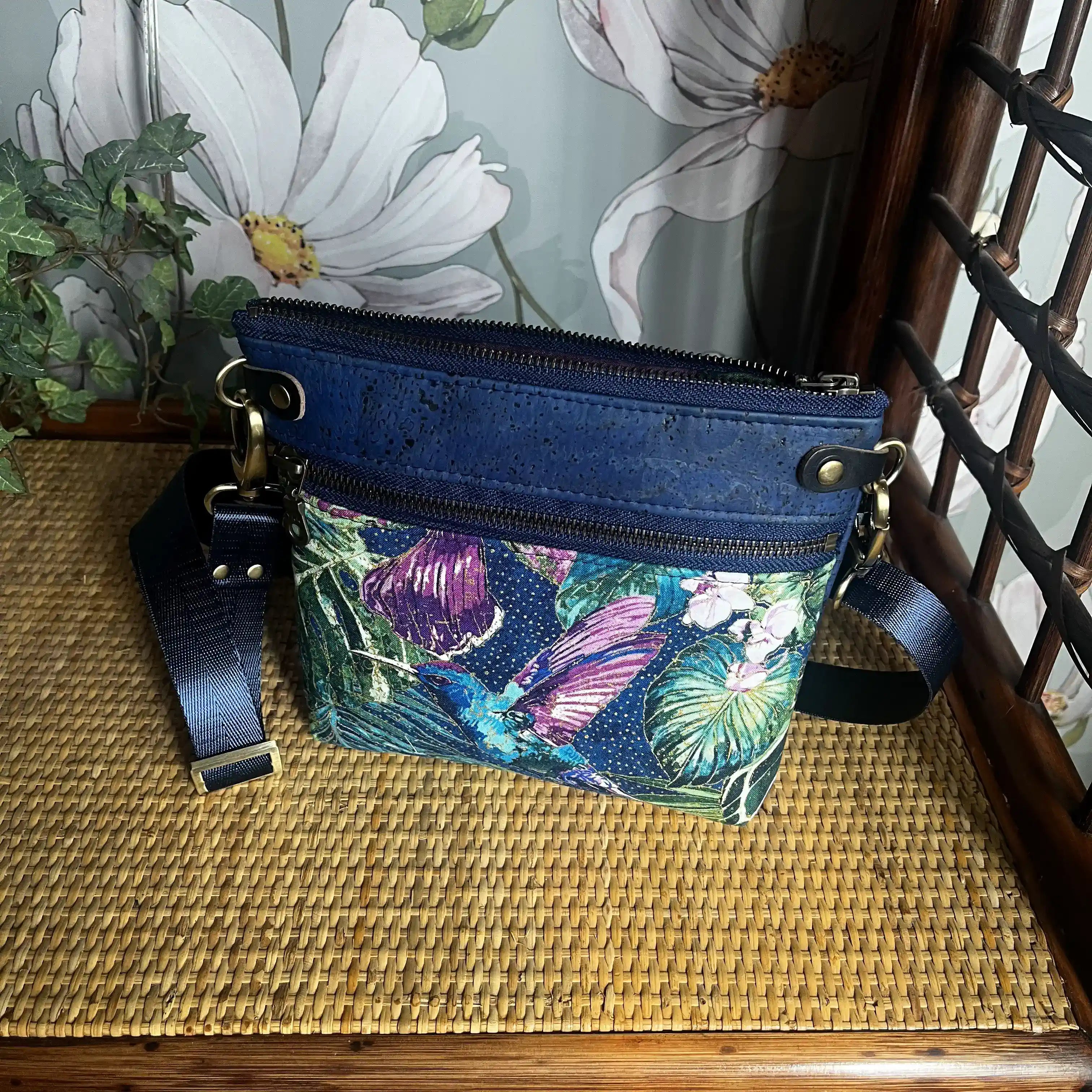 Izzy's Mom Cross Body Bag (Medium) - Cork Blue Hummingbird Print & Brushed Antique Leather | Stylish Women's Shoulder Purse for Daily Use, Travel & Shopping